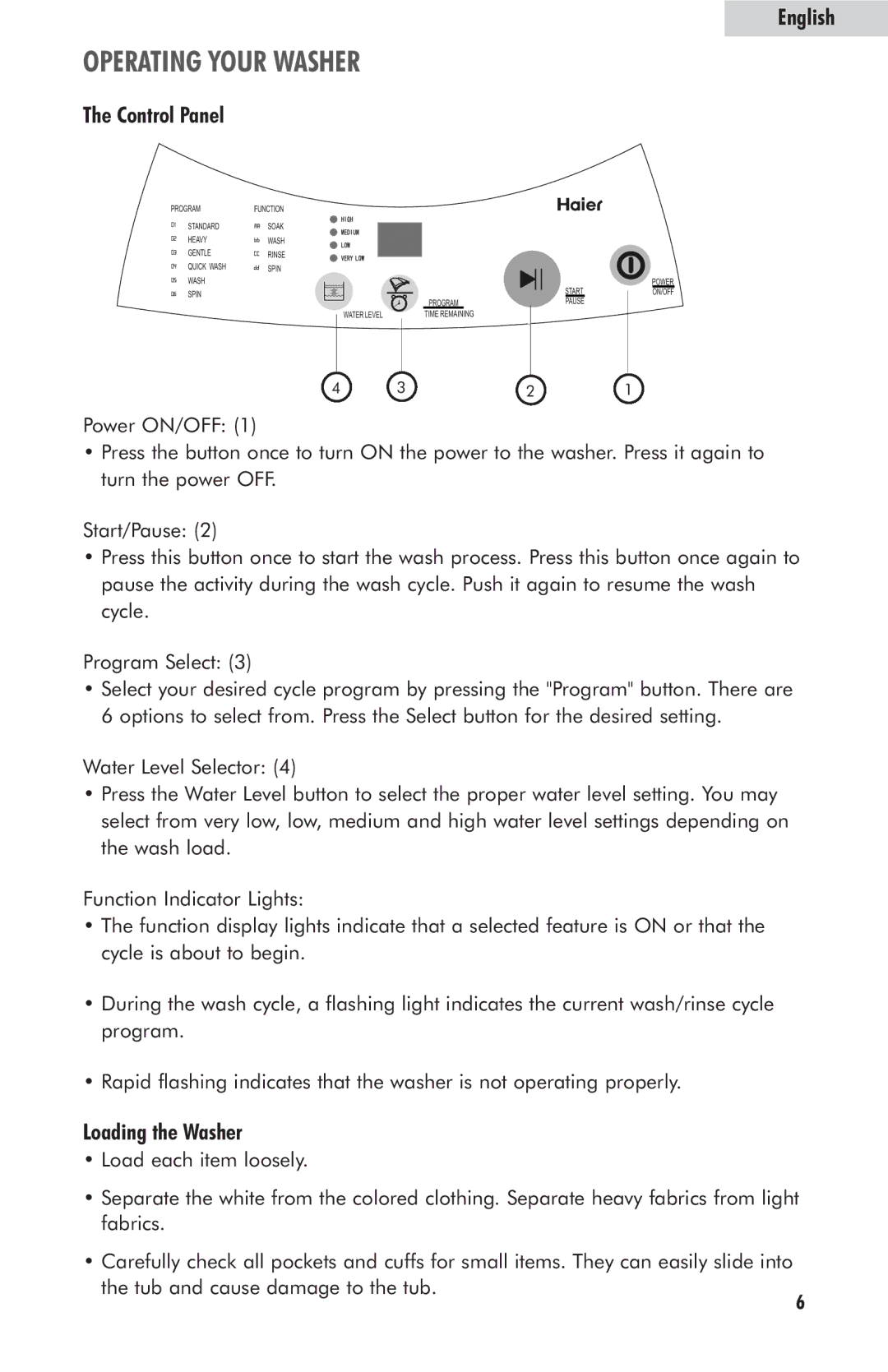 Haier HLP23E user manual Control Panel, Loading the Washer 