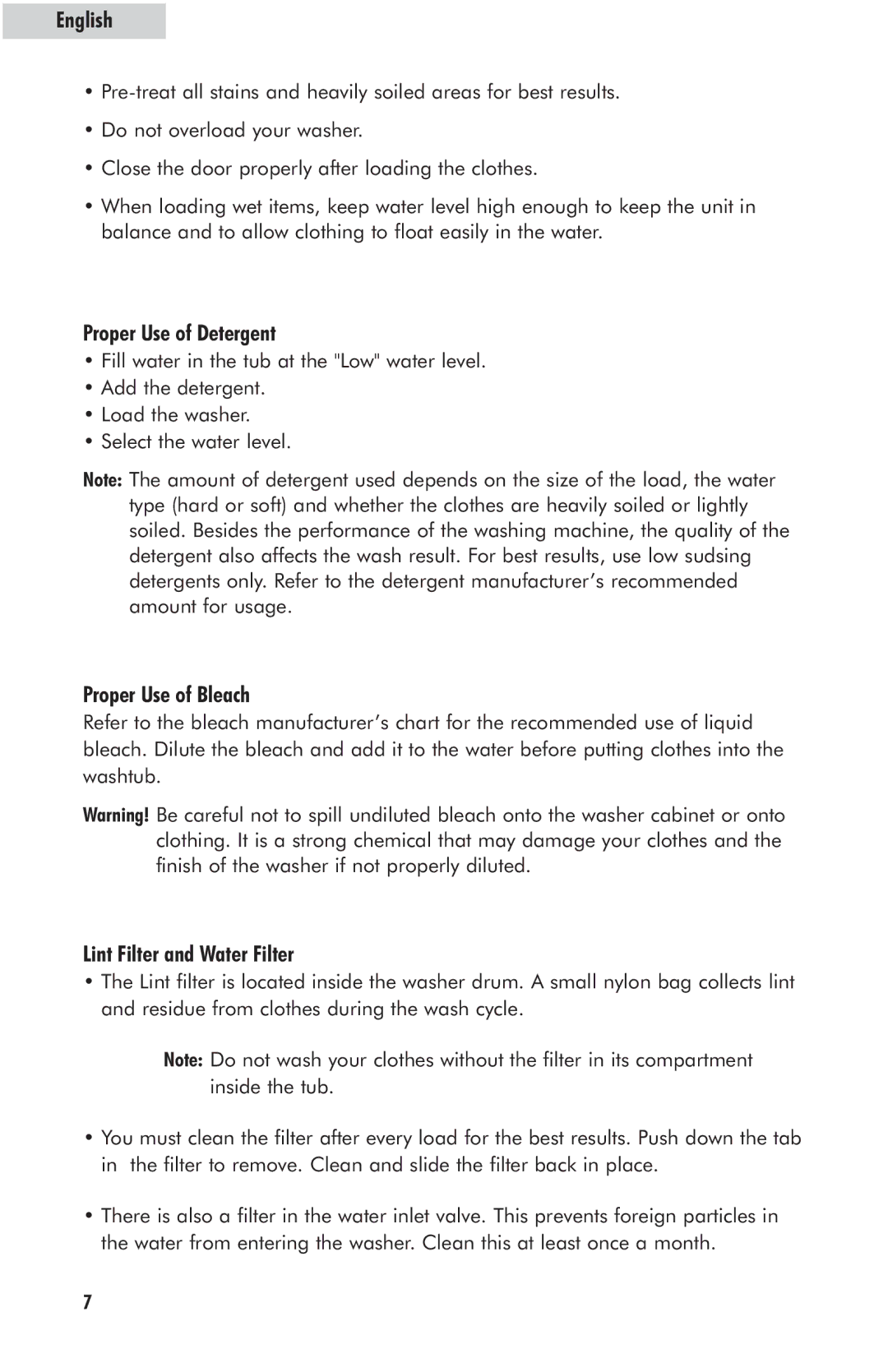 Haier HLP23E user manual Proper Use of Detergent, Proper Use of Bleach, Lint Filter and Water Filter 