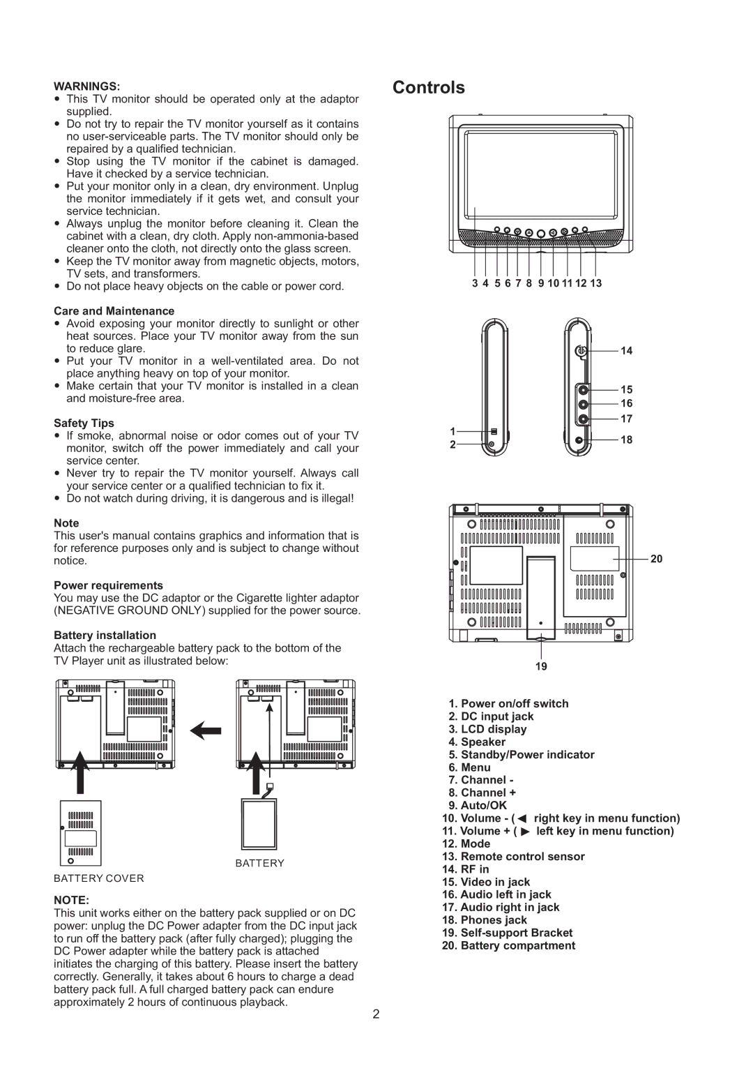 Haier HLT71 user manual Controls, Care and Maintenance, Safety Tips, Power requirements, Battery installation 