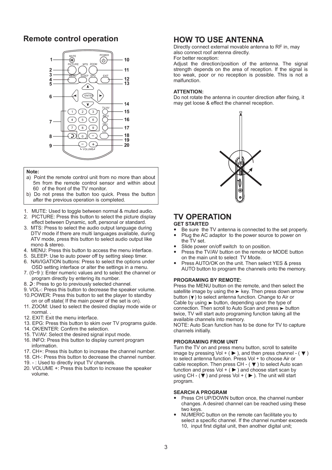 Haier HLT71 user manual Remote control operation, HOW to USE Antenna, TV Operation 