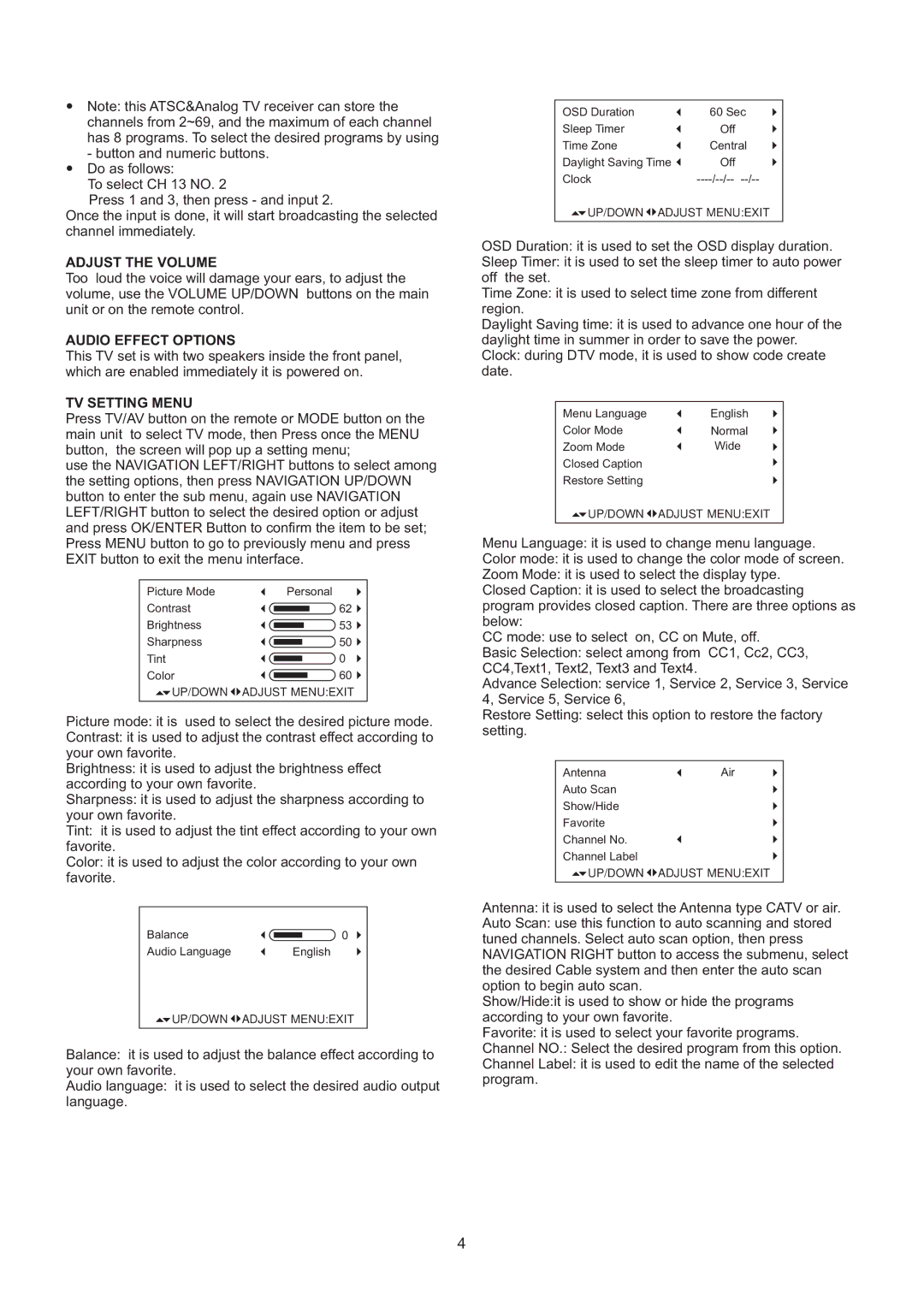 Haier HLT71 user manual Adjust the Volume, Audio Effect Options, TV Setting Menu 