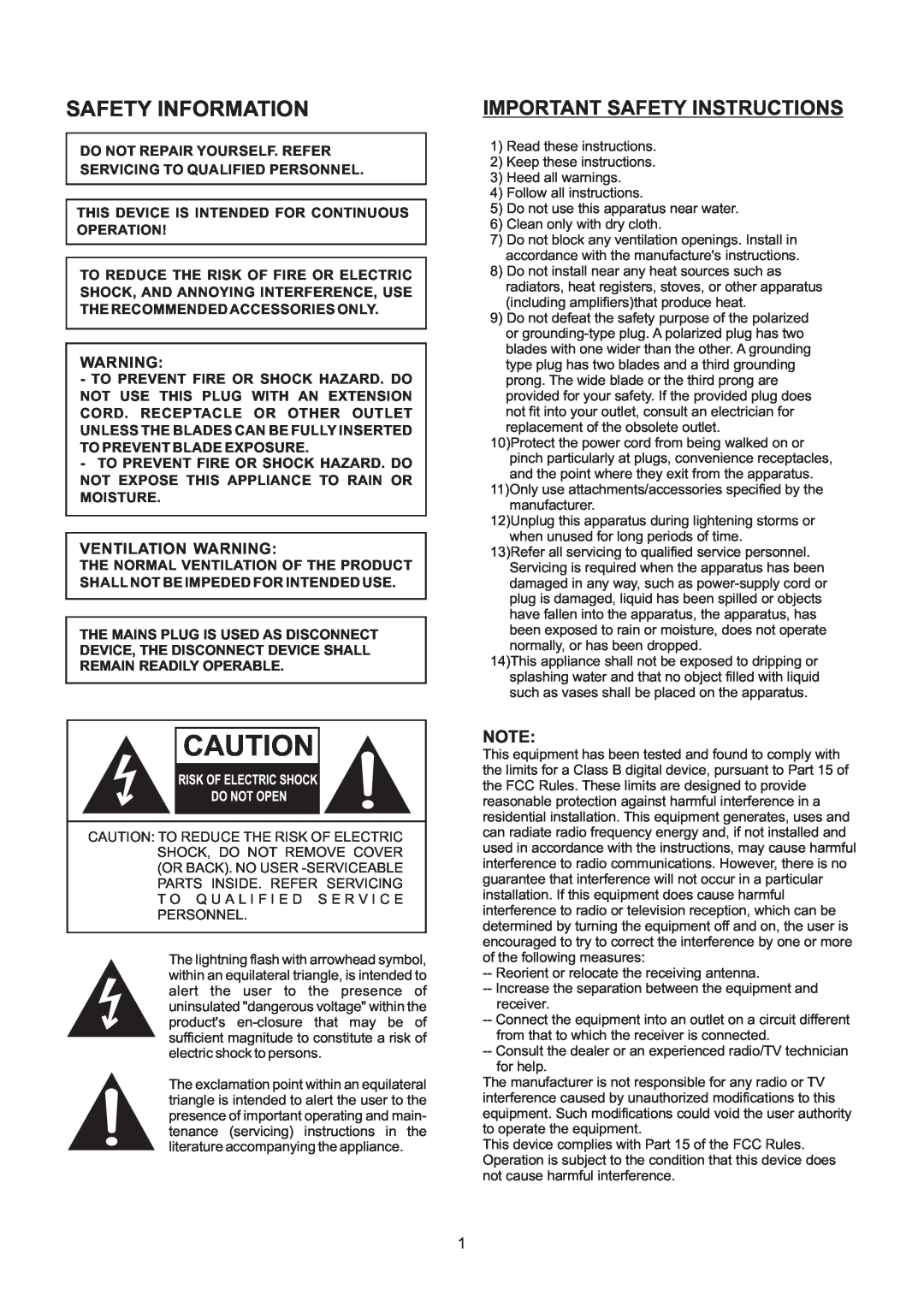 Haier HLT71 user manual Safety Information, Important Safety Instructions, Ventilation Warning 