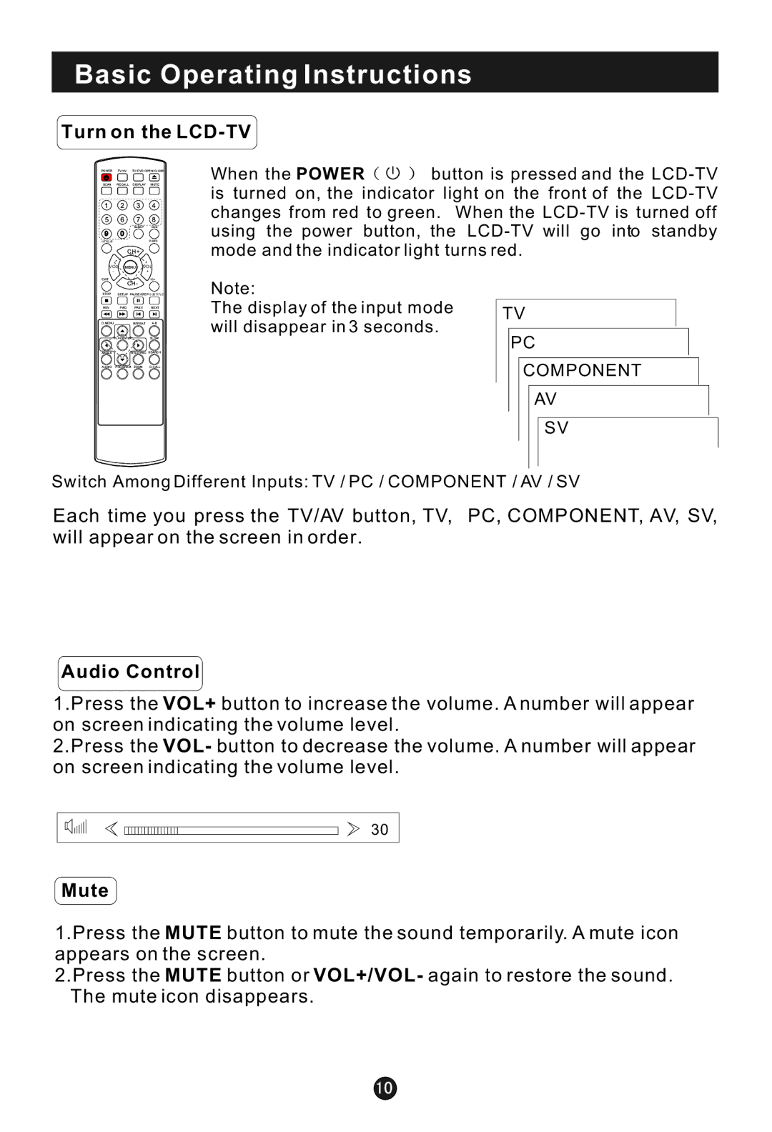 Haier HLTDC15, HLTDC20 user manual Basic Operating Instructions, Turn on the LCD-TV, Audio Control, Mute 