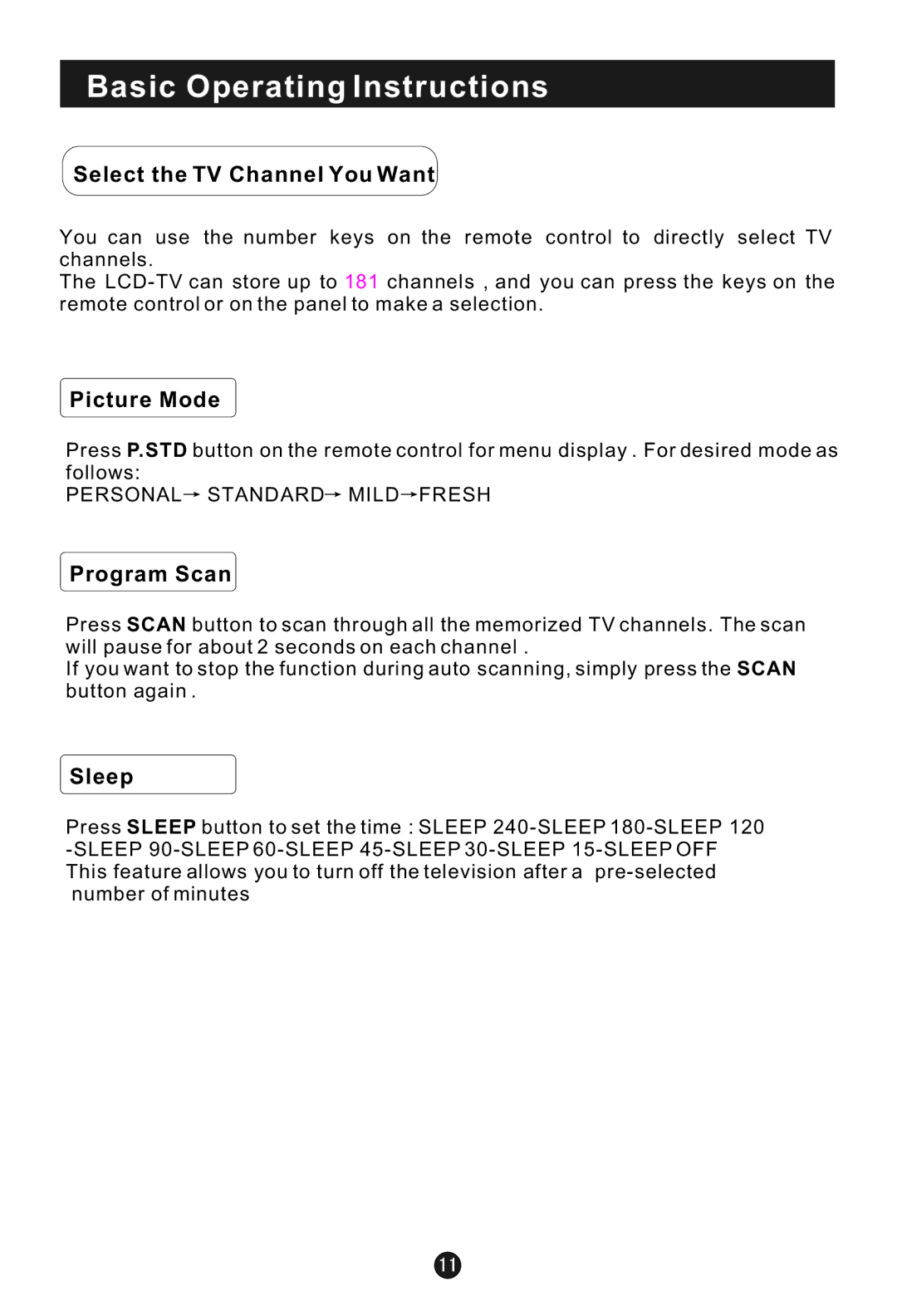 Haier HLTDC20, HLTDC15 user manual Select the TV Channel You Want, Picture Mode, Program Scan, Sleep 