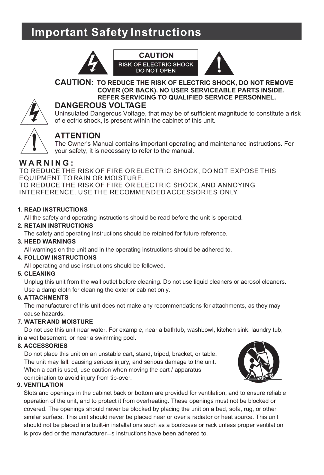 Haier HLTDC20, HLTDC15 user manual Important Safety Instructions, R N I N G 