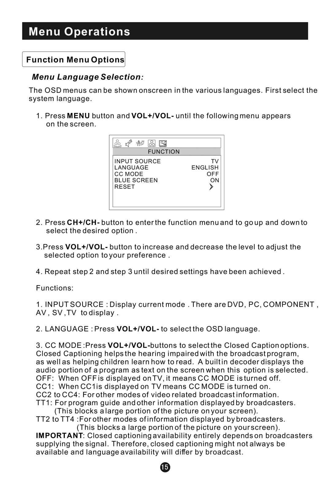 Haier HLTDC20, HLTDC15 user manual Function Menu Options, Menu Language Selection 