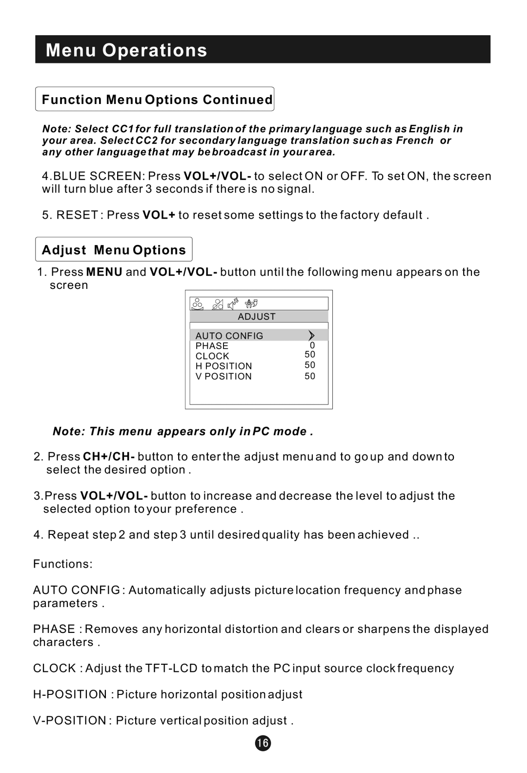 Haier HLTDC15, HLTDC20 user manual Adjust Menu Options 