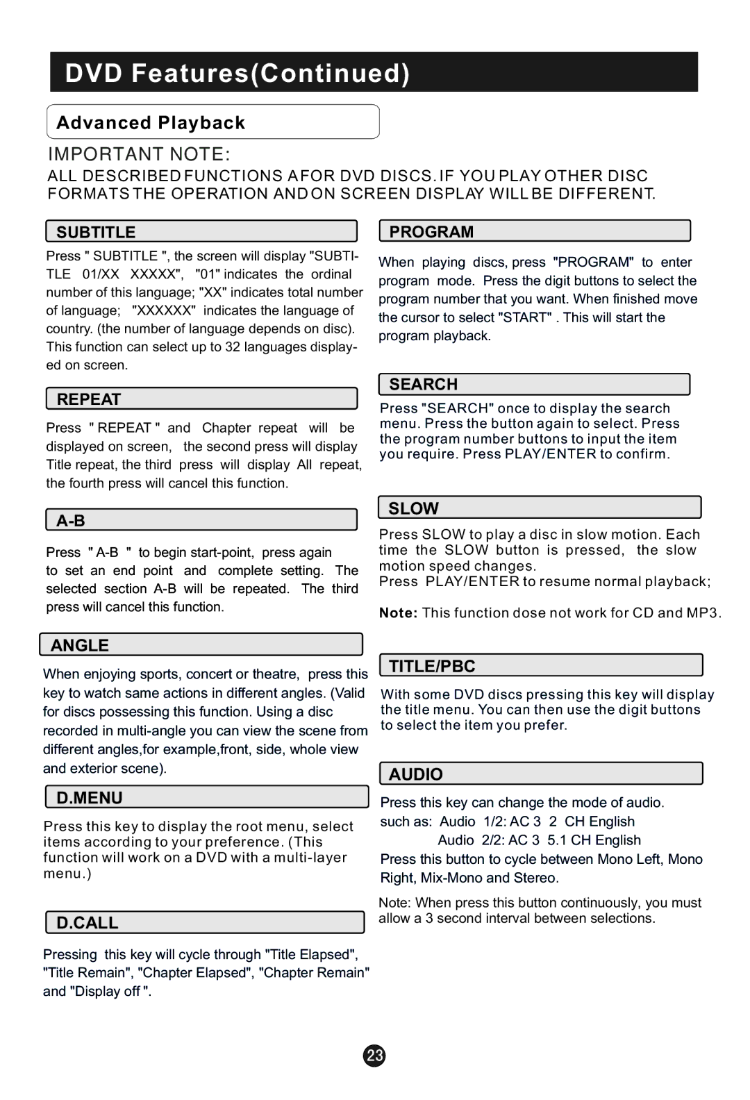 Haier HLTDC20, HLTDC15 user manual Advanced Playback, Important Note 