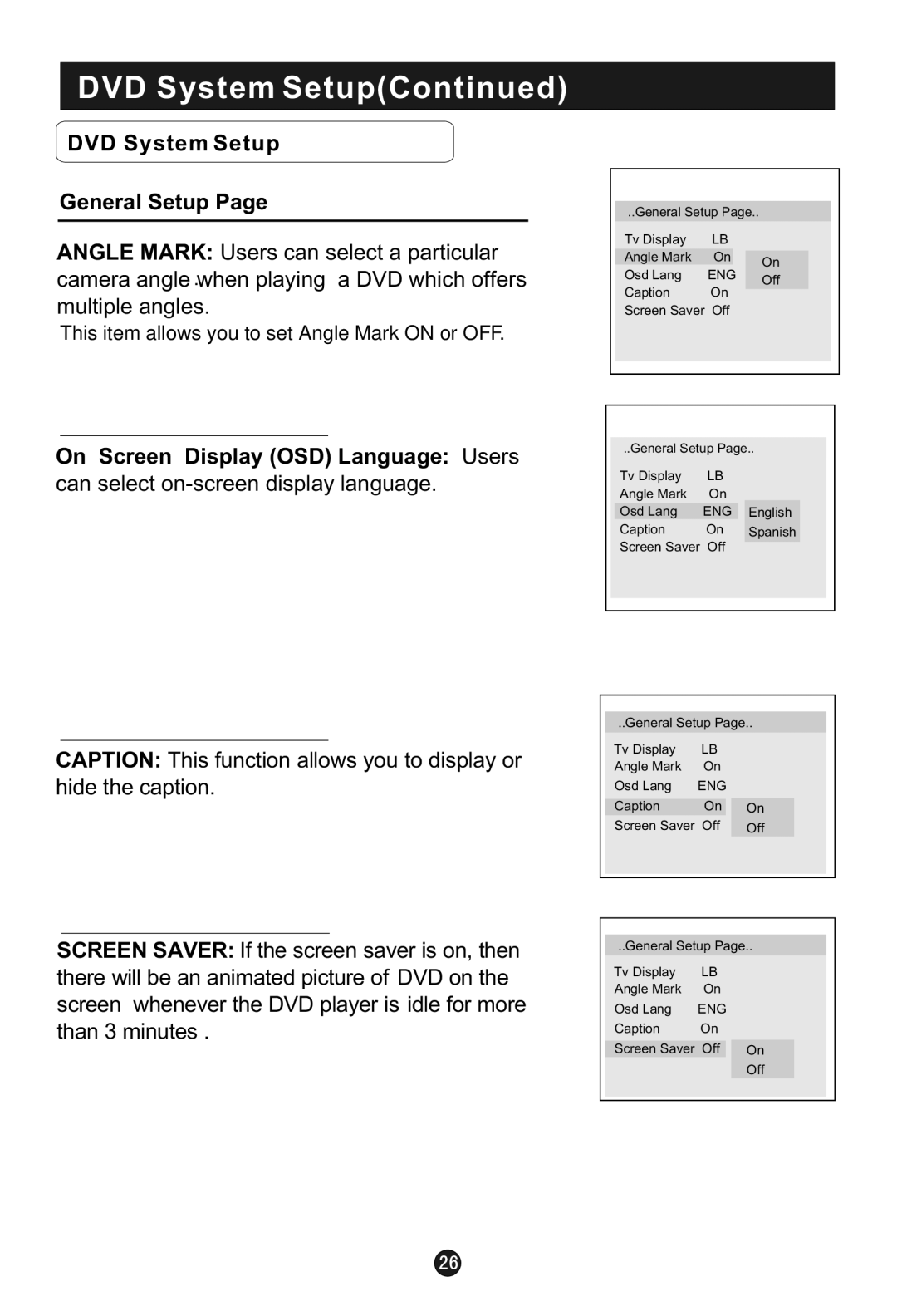 Haier HLTDC15, HLTDC20 user manual DVD System Setup General Setup, On Screen Display OSD Language Users 