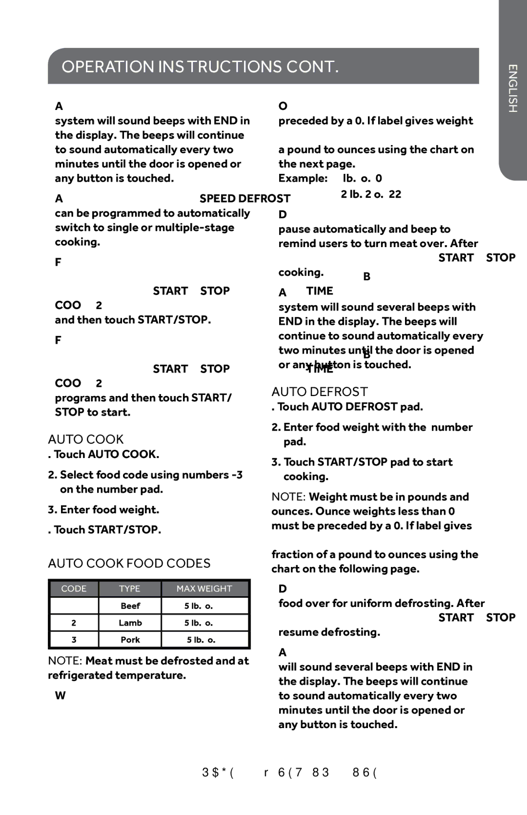 Haier HMC935SESS, HMC0903SESS, HMC920BEBB, HMC920BEWW user manual Auto Cook Food Codes, Auto Defrost 