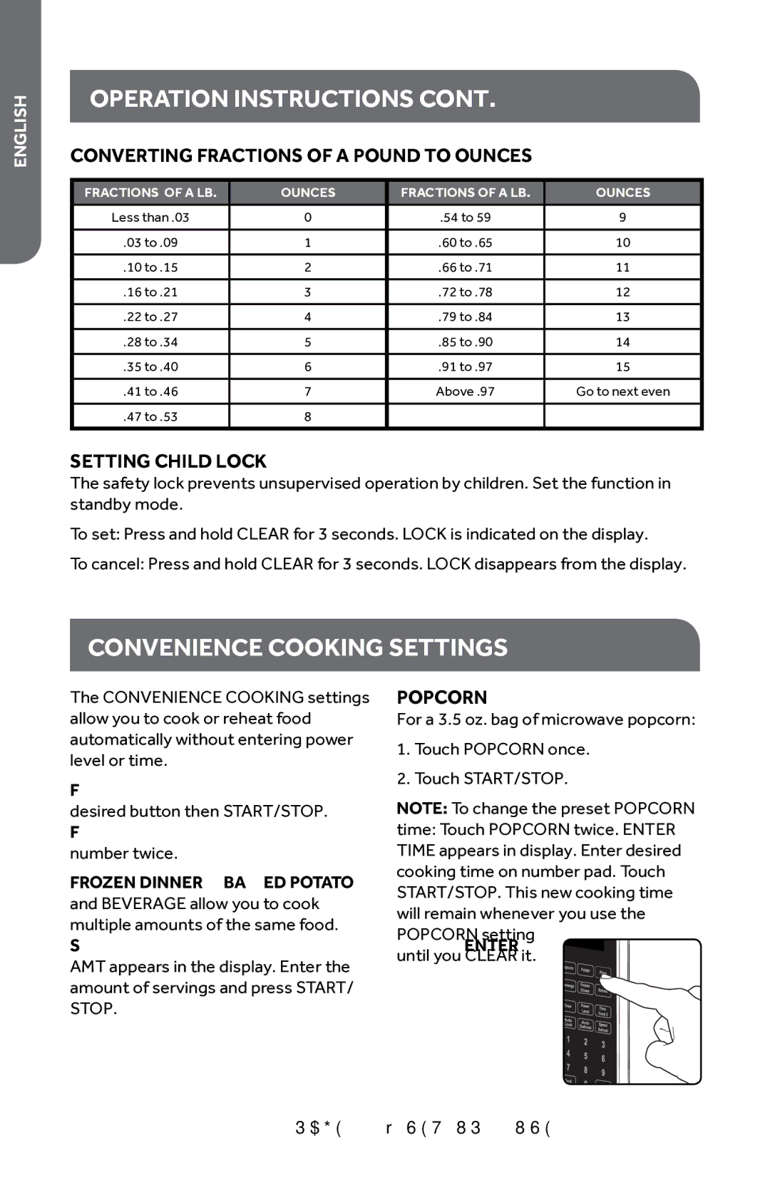 Haier HMC0903SESS Convenience Cooking Settings, Converting Fractions of a Pound to Ounces, Setting Child Lock, Popcorn 