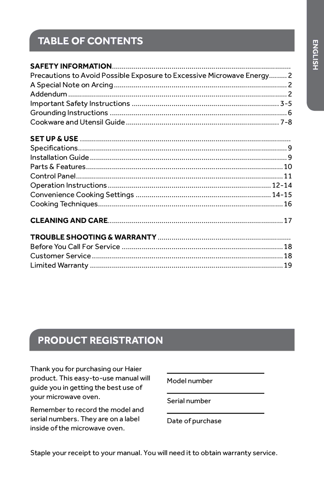 Haier HMC935SESS, HMC0903SESS, HMC920BEBB, HMC920BEWW user manual Table of contents, Product Registration 