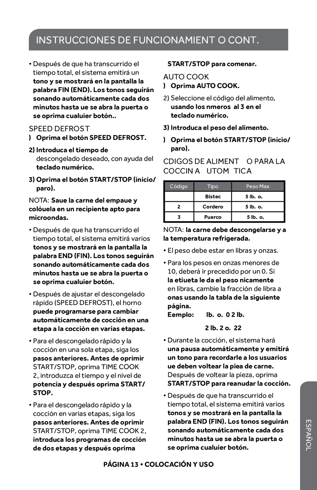 Haier HMC935SESS, HMC0903SESS, HMC920BEBB Instrucciones DE Funcionamiento, Códigos DE Alimento Para LA Cocción Automática 