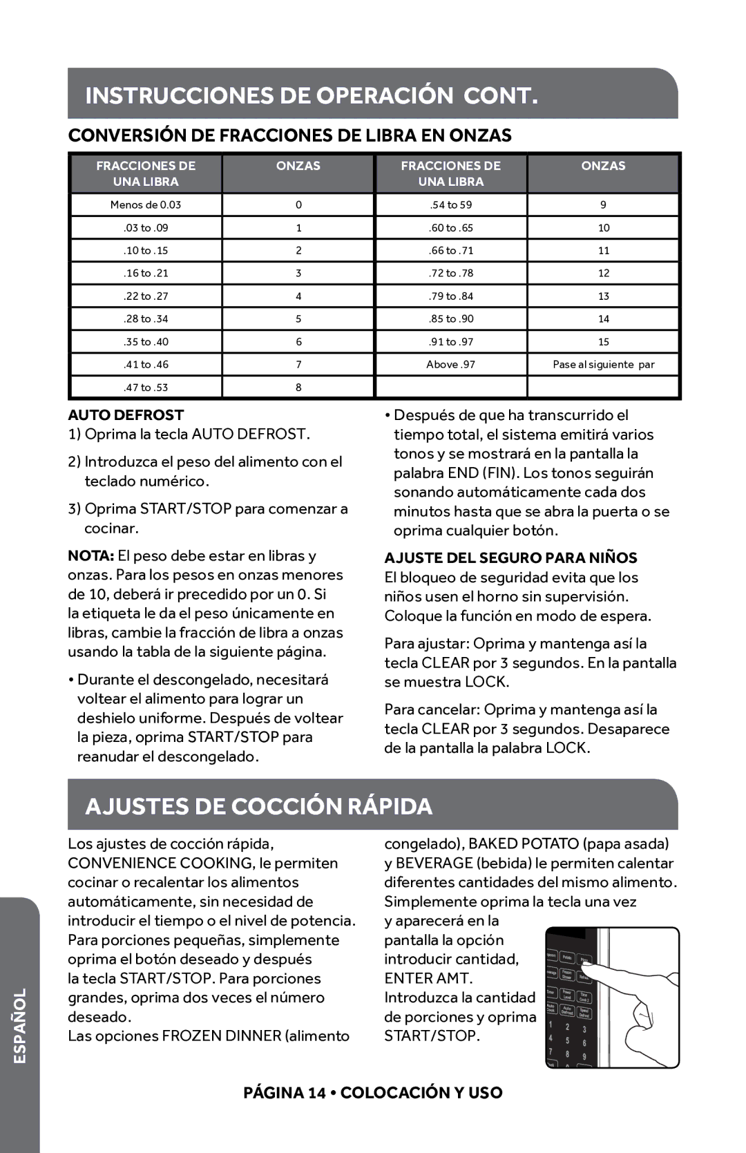 Haier HMC0903SESS Instrucciones DE Operación, Ajustes DE Cocción Rápida, Conversión DE Fracciones DE Libra EN Onzas 