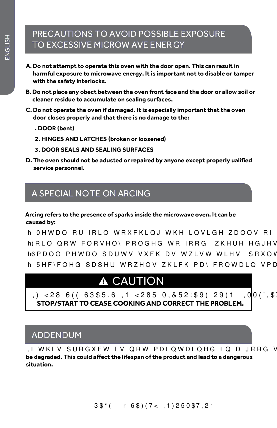 Haier HMC0903SESS, HMC920BEBB, HMC920BEWW, HMC935SESS user manual Special Note on Arcing, Addendum 