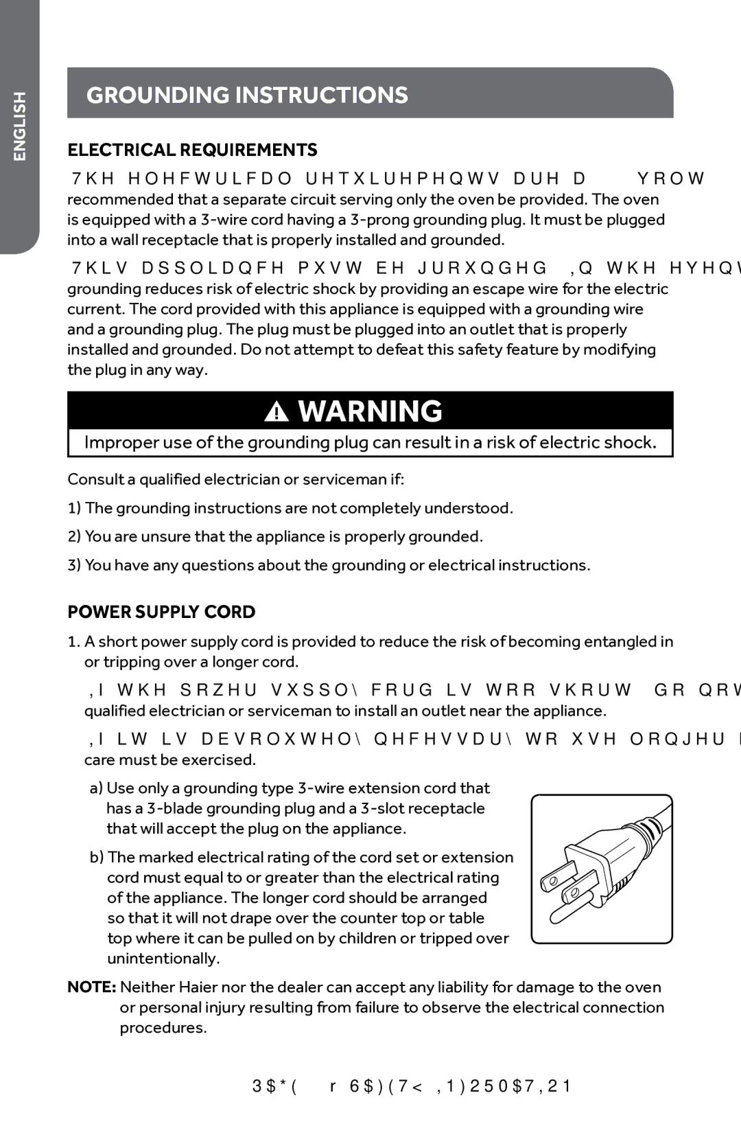 Haier HMC0903SESS, HMC920BEBB, HMC920BEWW, HMC935SESS Grounding Instructions, Electrical Requirements, Power Supply Cord 