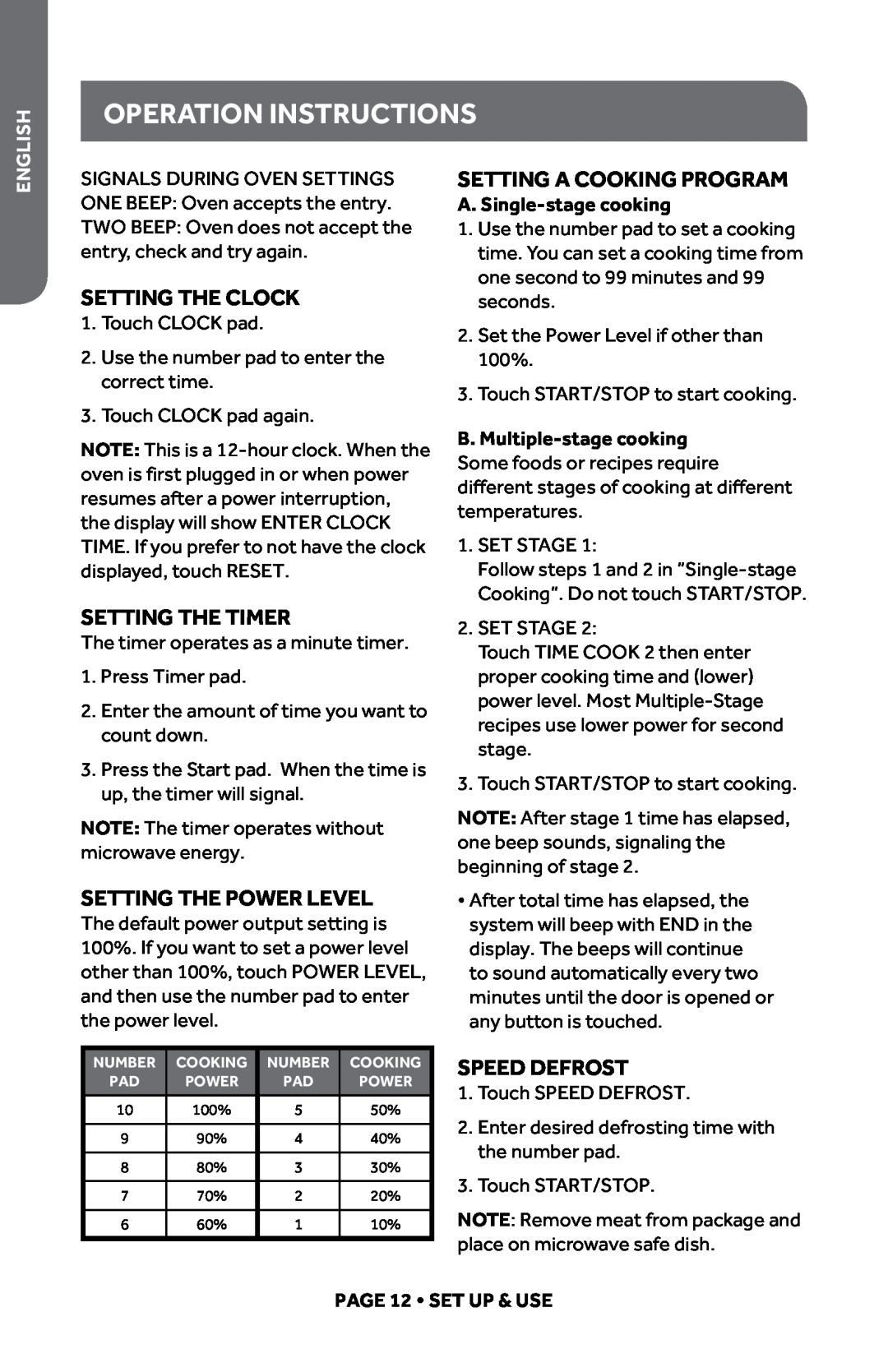 Haier HMC920BEWW Operation Instructions, Setting The Clock, Setting the Timer, Setting A Cooking Program, Speed Defrost 