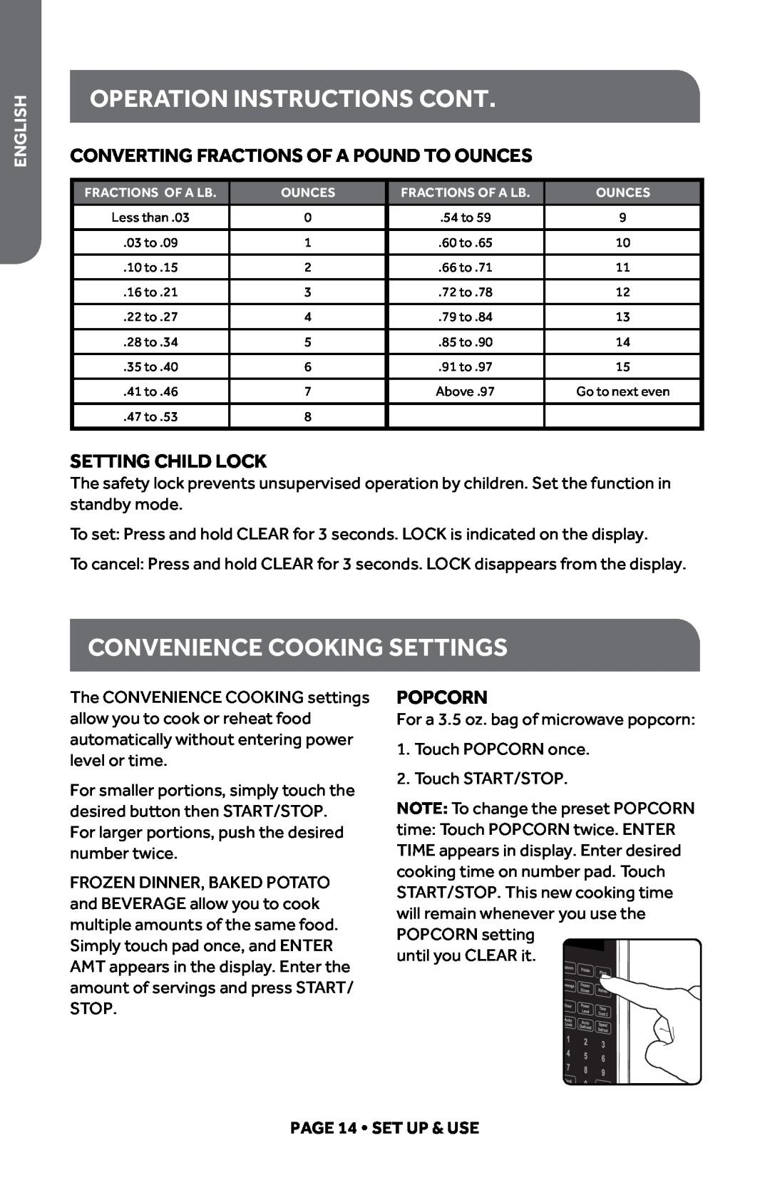 Haier HMC0903SESS Operation Instructions cont, CONVENIENCE COOKING Settings, Converting Fractions of a Pound to Ounces 