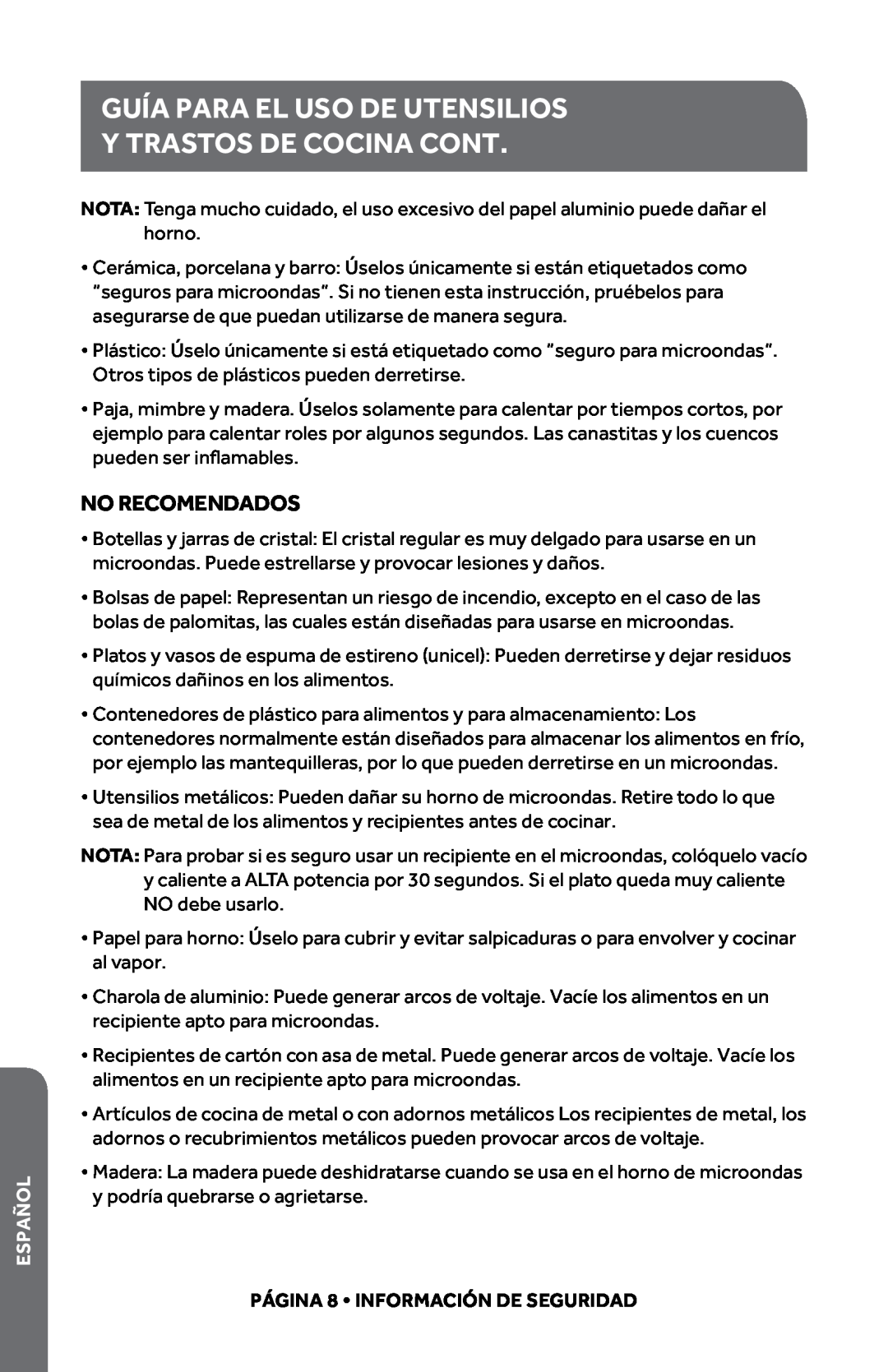 Haier HMC920BEWW, HMC0903SESS user manual Y TRASTOS DE COCINA Cont, Guía Para El Uso De Utensilios, No Recomendados, Español 