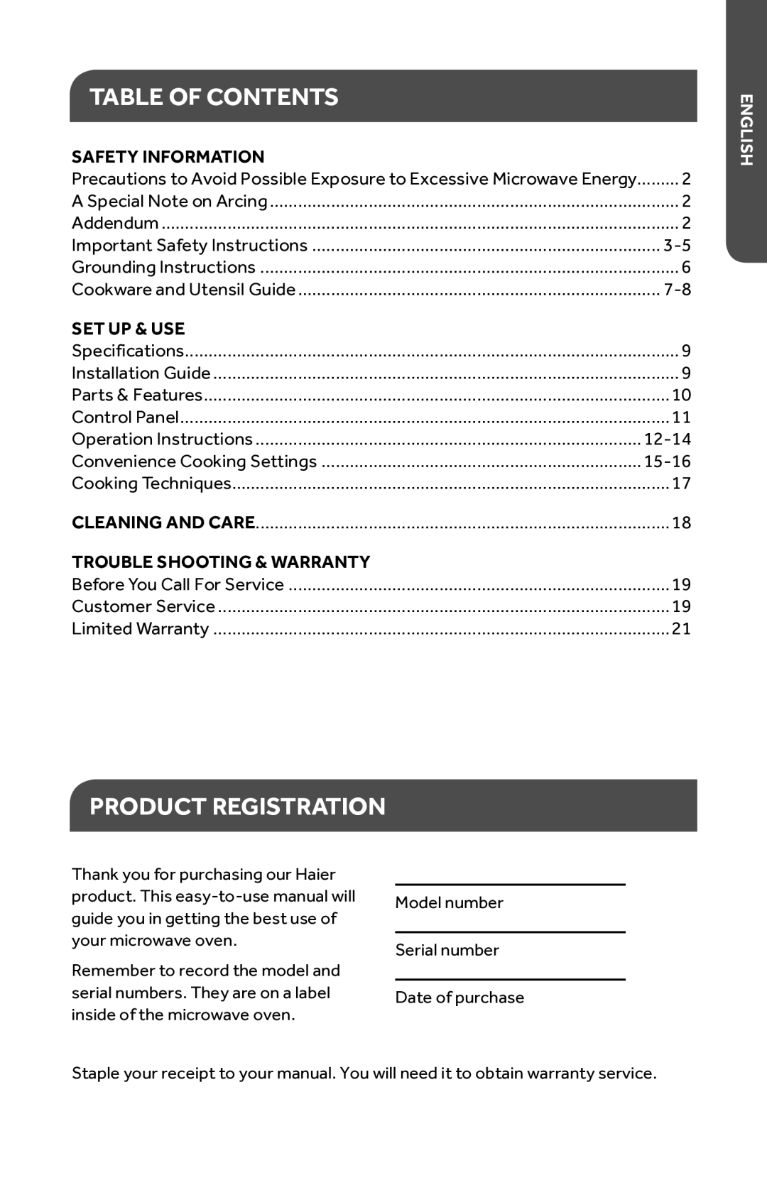 Haier HMC1035SESS user manual Table of Contents, Product Registration 