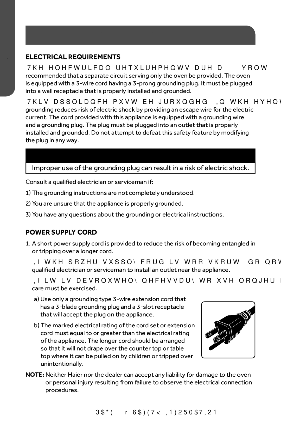 Haier HMC1035SESS user manual Grounding Instructions, Electrical Requirements, Power Supply Cord 