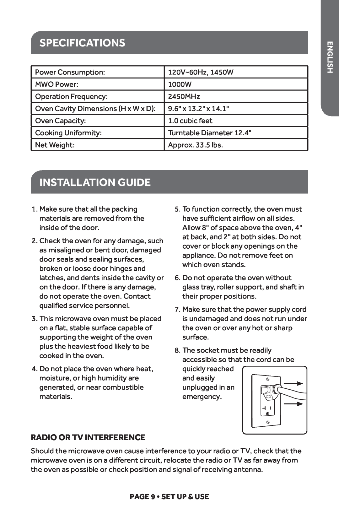 Haier HMC1035SESS user manual Specifications, Installation Guide, Radio Or Tv Interference, English, PAGE 9 SET UP & USE 