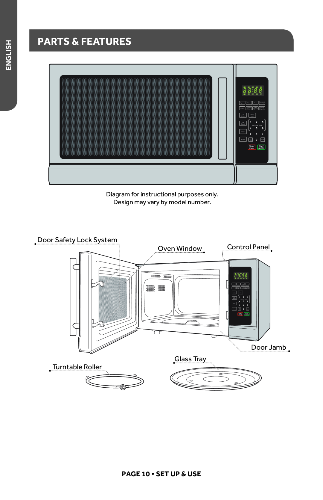 Haier HMC1035SESS user manual Parts & Features, English, PAGE 10 SET UP & USE, Stop, Start, Clear, Express Cook 