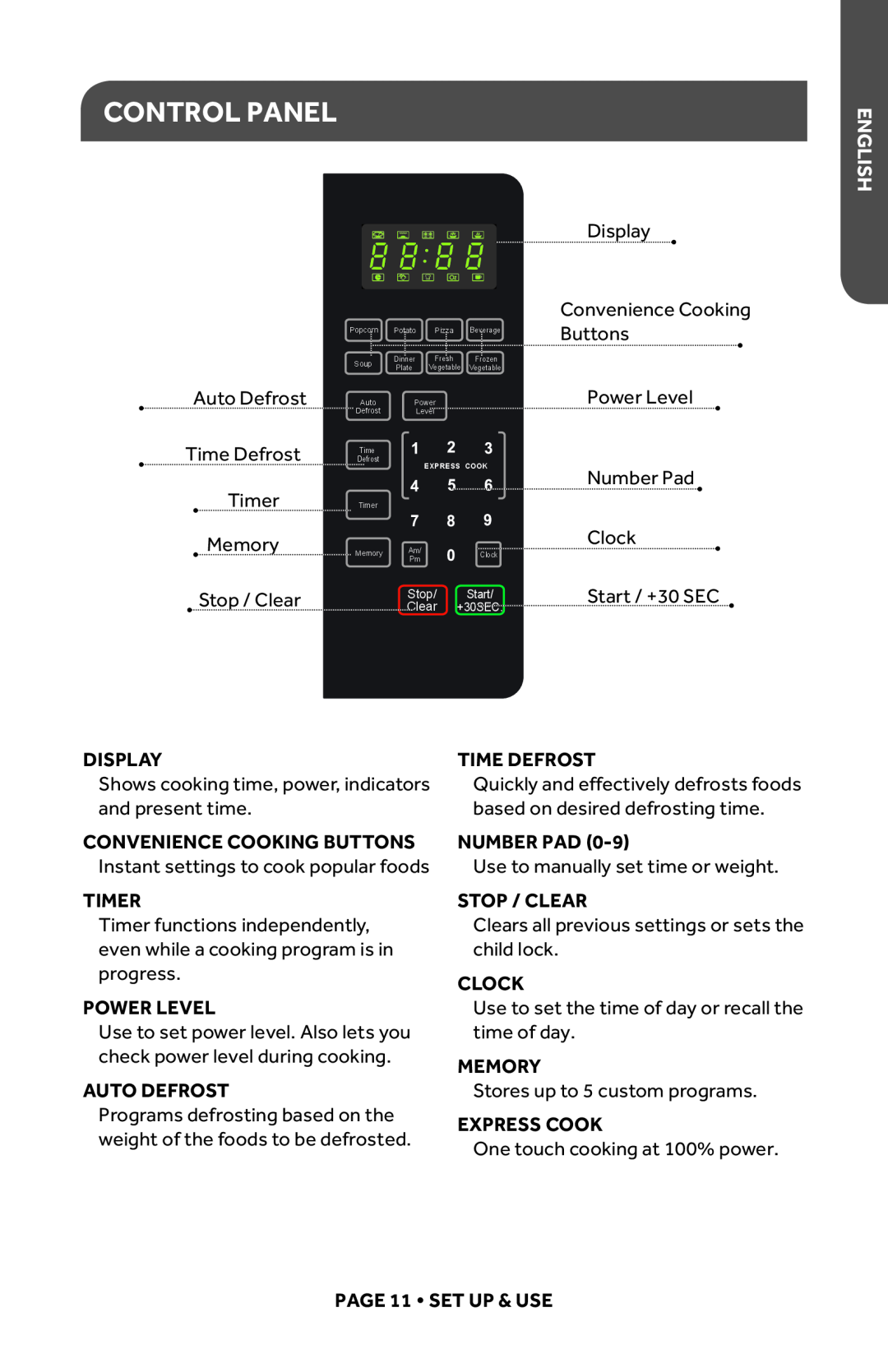 Haier HMC1035SESS Control Panel, English, Display, Buttons, Power Level, Number Pad, Clock, Start / +30 SEC, Timer, Memory 