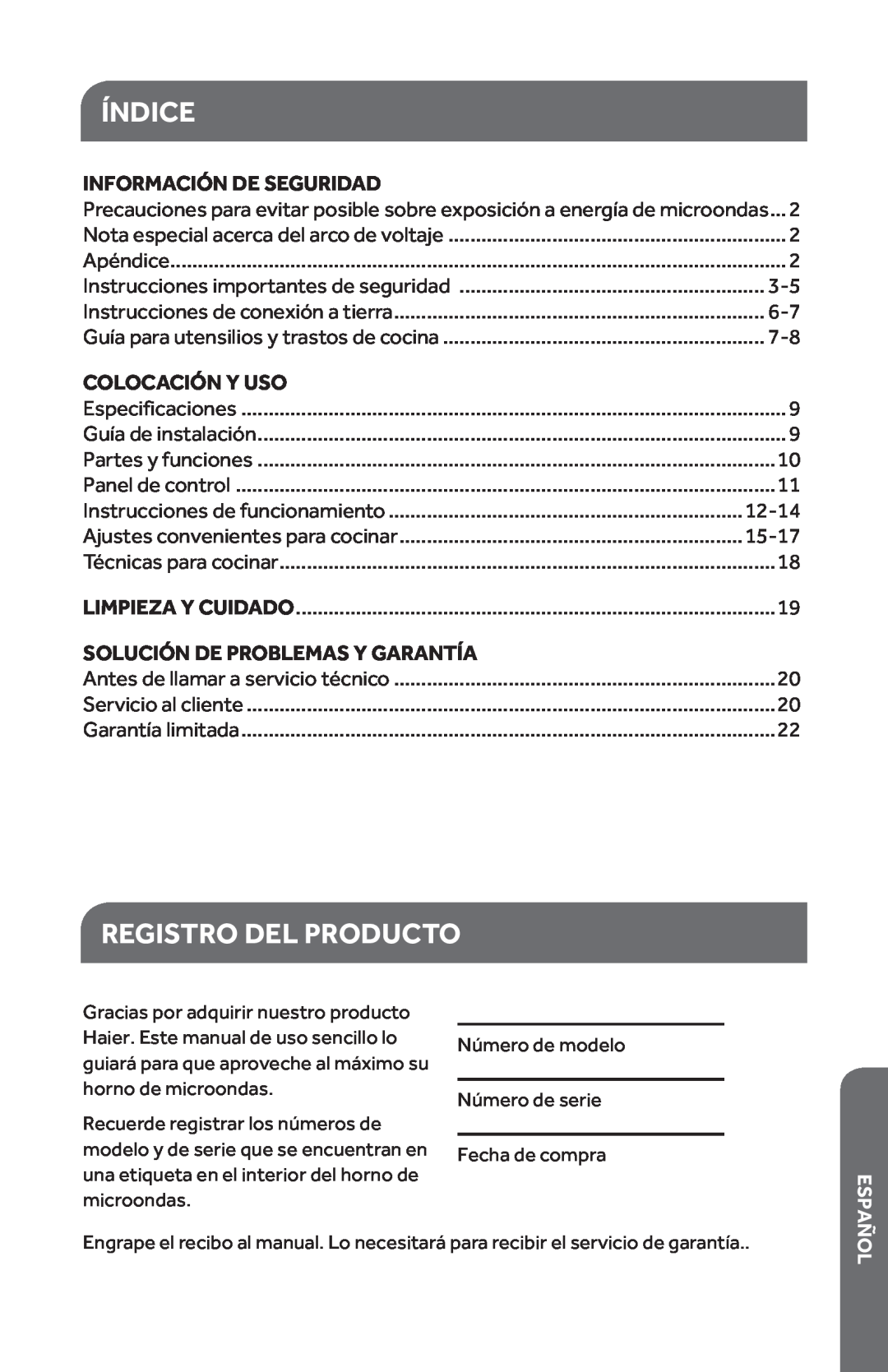 Haier HMC1035SESS user manual Índice, Registro Del Producto, Información De Seguridad, Colocación Y Uso, 12-14, 15-17 