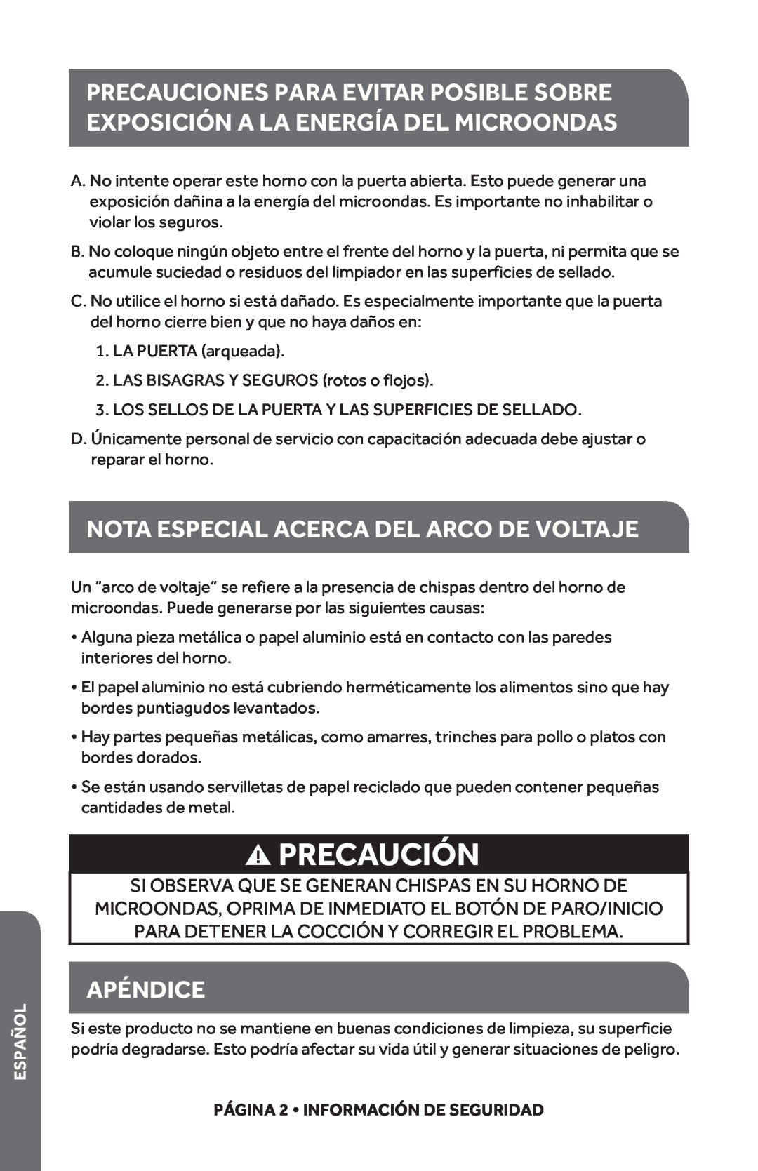 Haier HMC1035SESS user manual Precaución, Nota Especial Acerca Del Arco De Voltaje, Apéndice, Español 