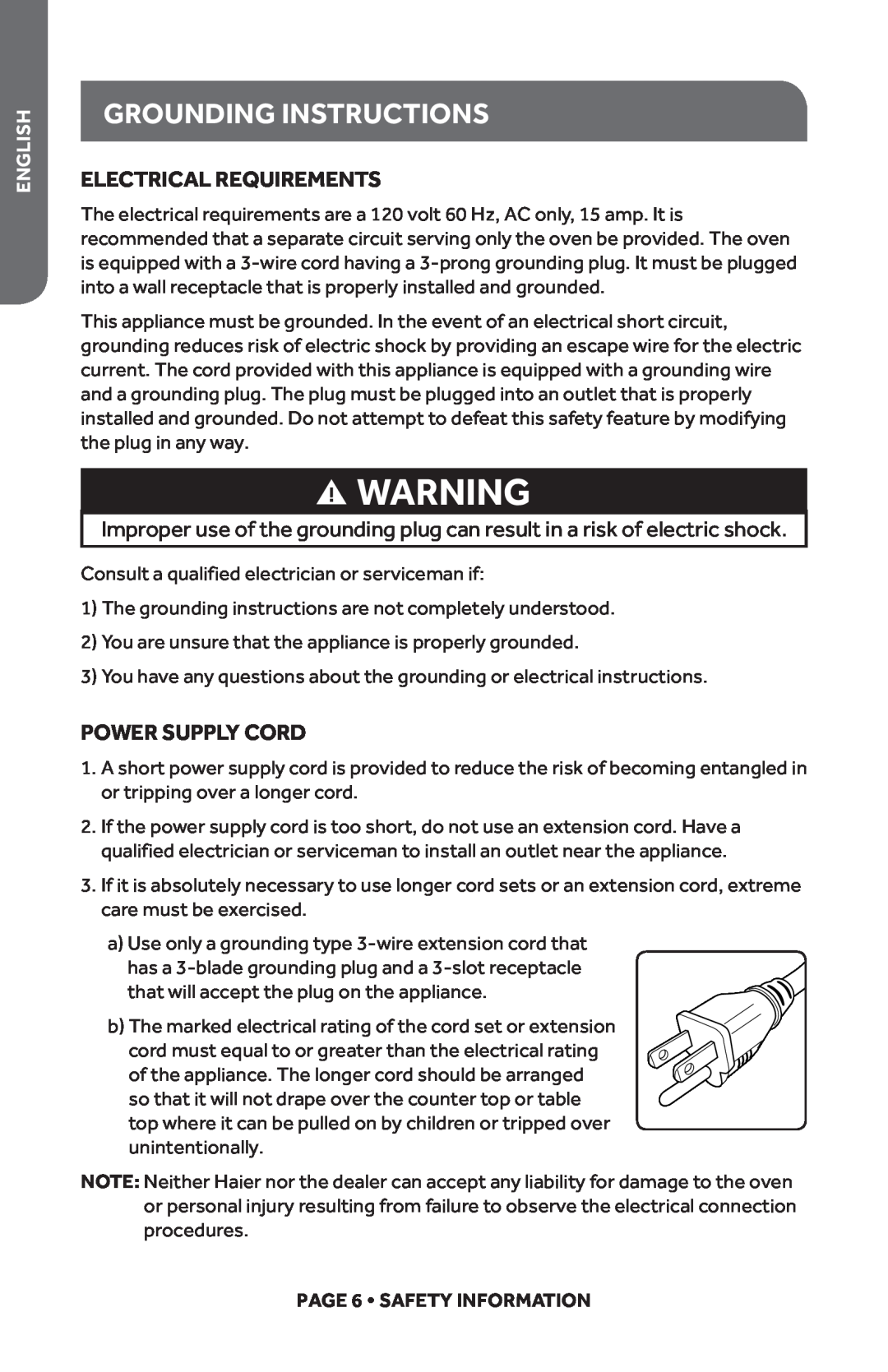 Haier HMC1035SESS Grounding Instructions, Electrical Requirements, Power Supply Cord, English, PAGE 6 SAFETY INFORMATION 