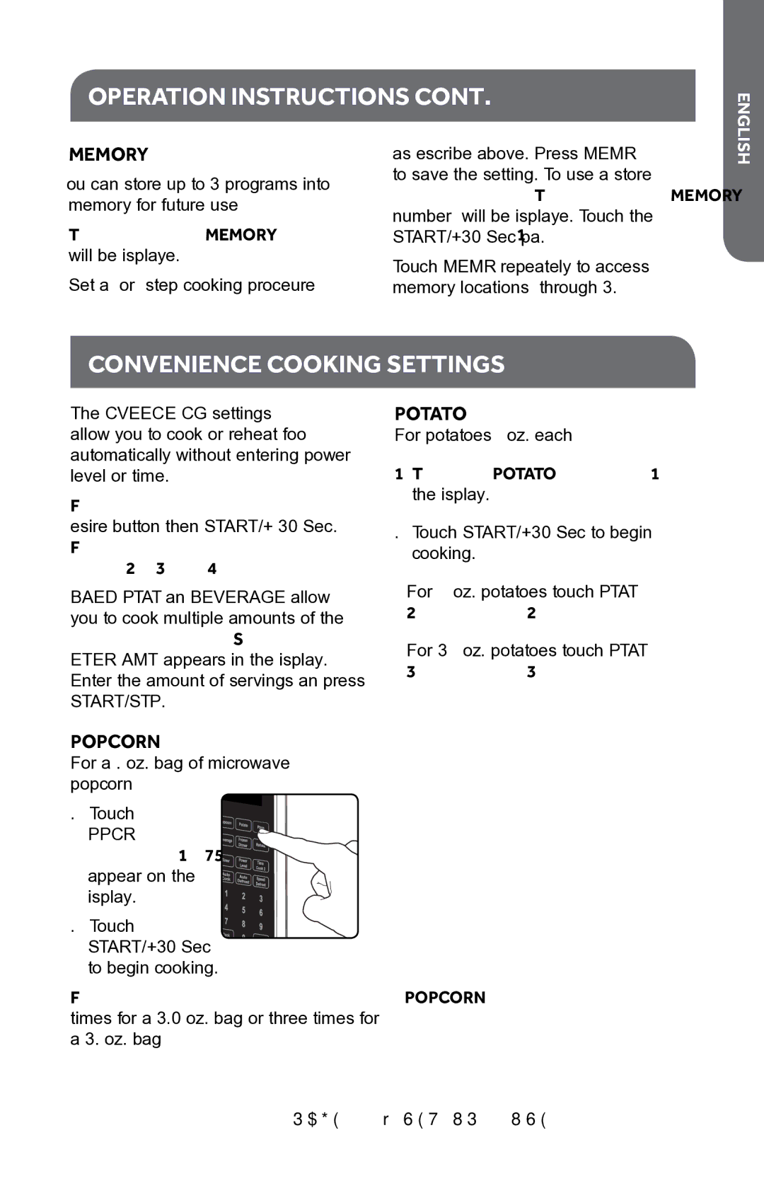 Haier HMC1085SESS user manual Convenience Cooking Settings, Memory, Potato, Popcorn 