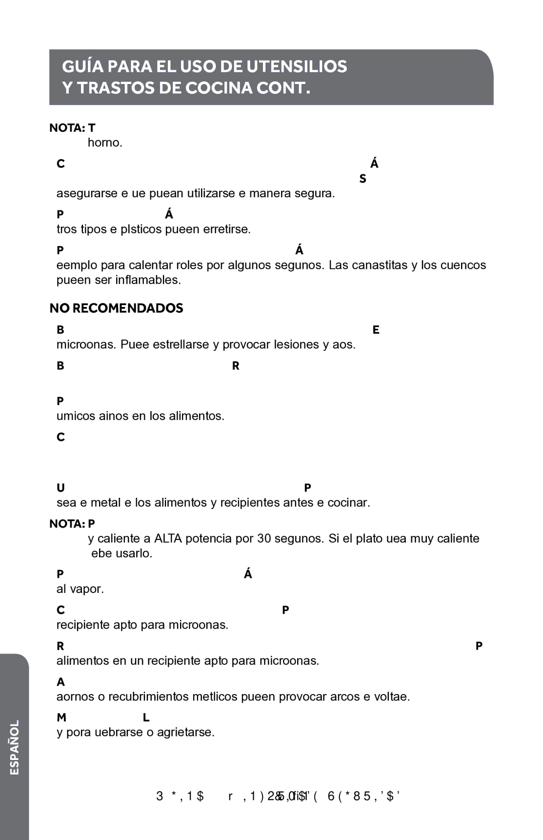 Haier HMC1085SESS user manual Guía Para EL USO DE Utensilios, Trastos DE Cocina, No Recomendados 