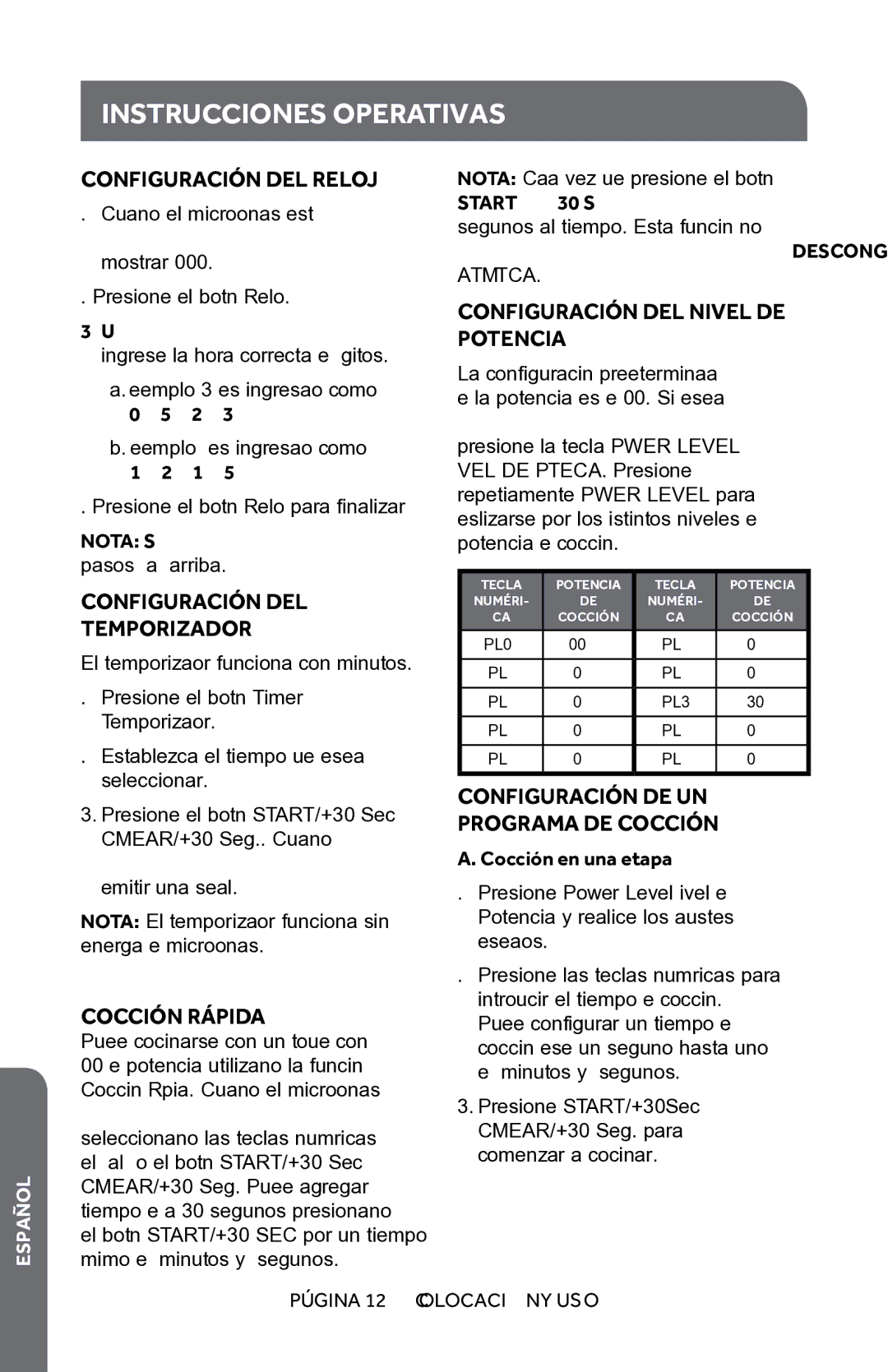 Haier HMC1085SESS Instrucciones operativas, Configuración DEL Reloj, Cocción Rápida, Configuración DEL Nivel DE Potencia 