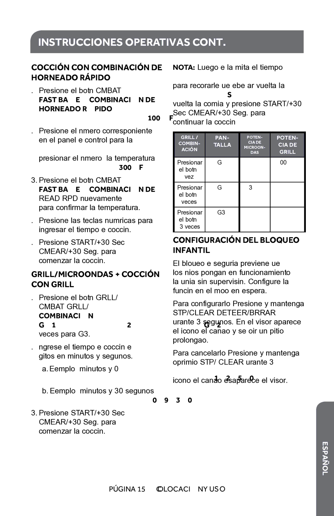 Haier HMC1085SESS user manual Configuración DEL Bloqueo Infantil, Fast Bake Combinación DE 