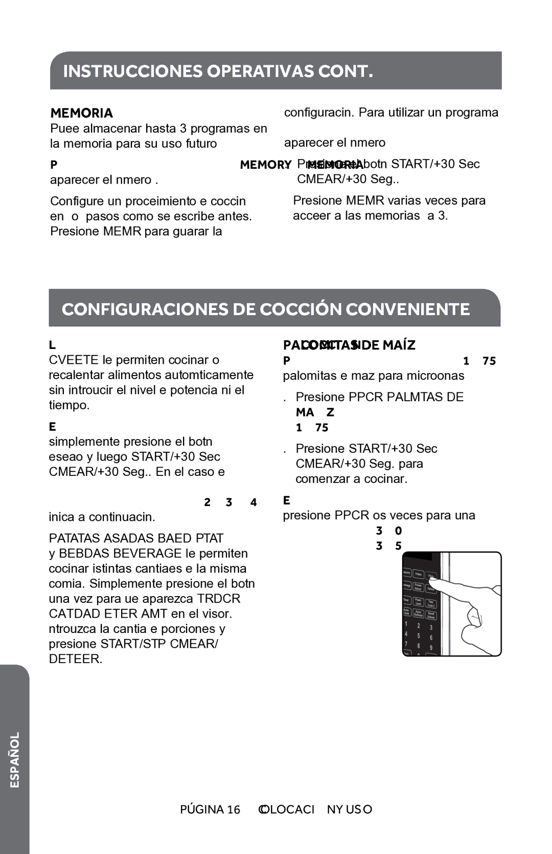 Haier HMC1085SESS user manual Configuraciones de Cocción Conveniente, Memoria, Palomitas DE Maíz 