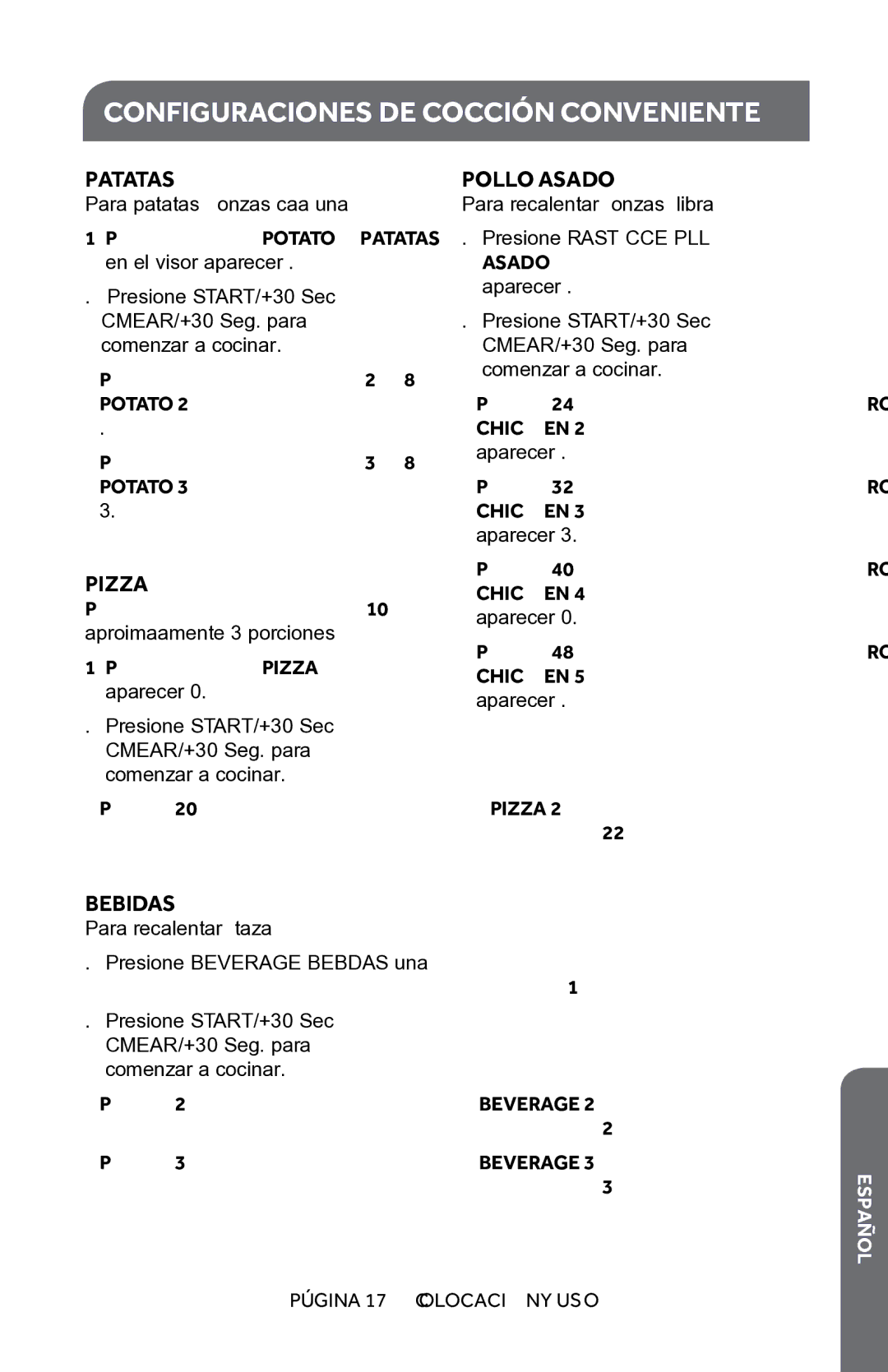 Haier HMC1085SESS user manual Patatas, Bebidas, Pollo Asado 