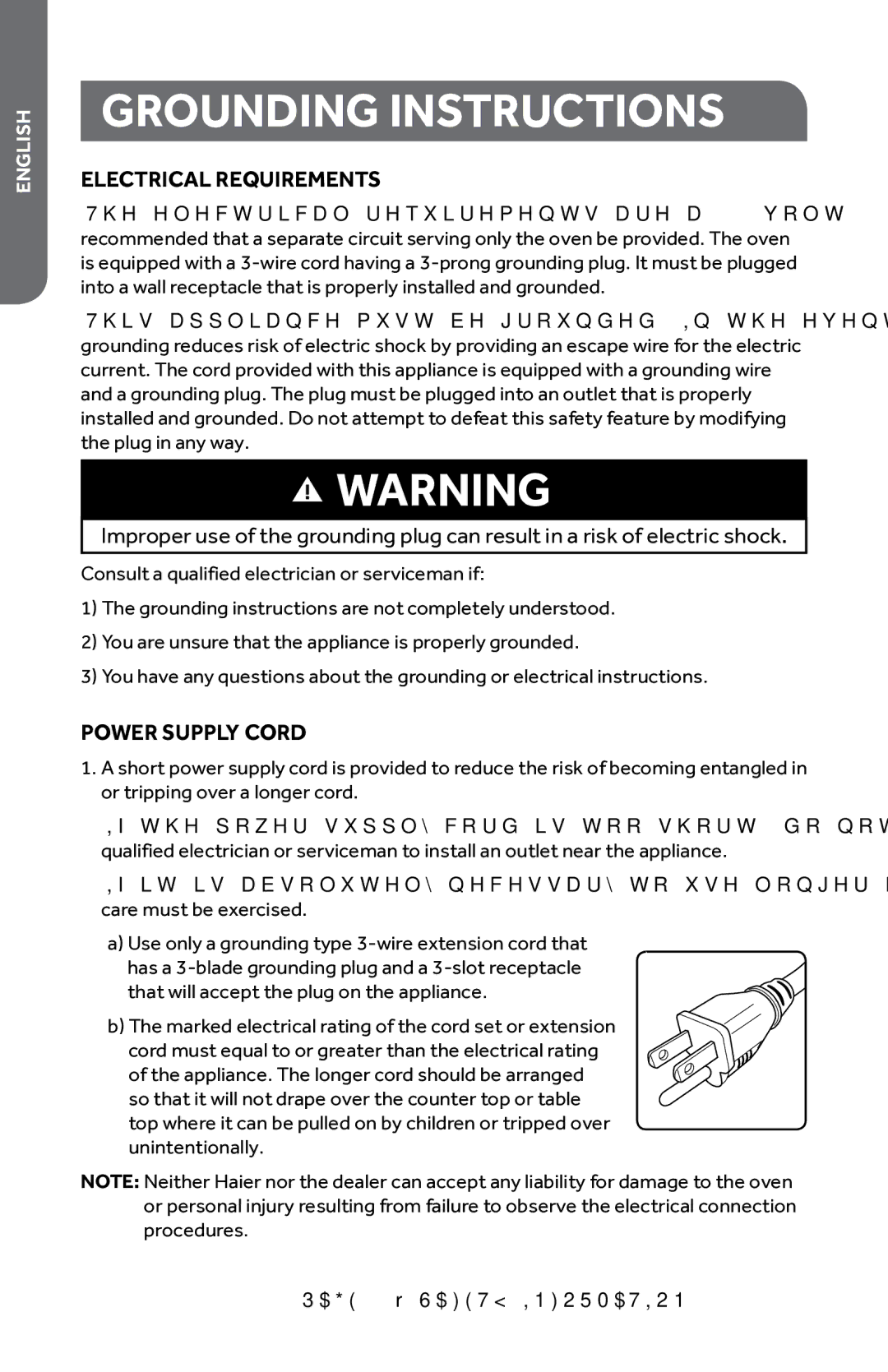 Haier HMC1085SESS user manual Electrical Requirements, Power Supply Cord 