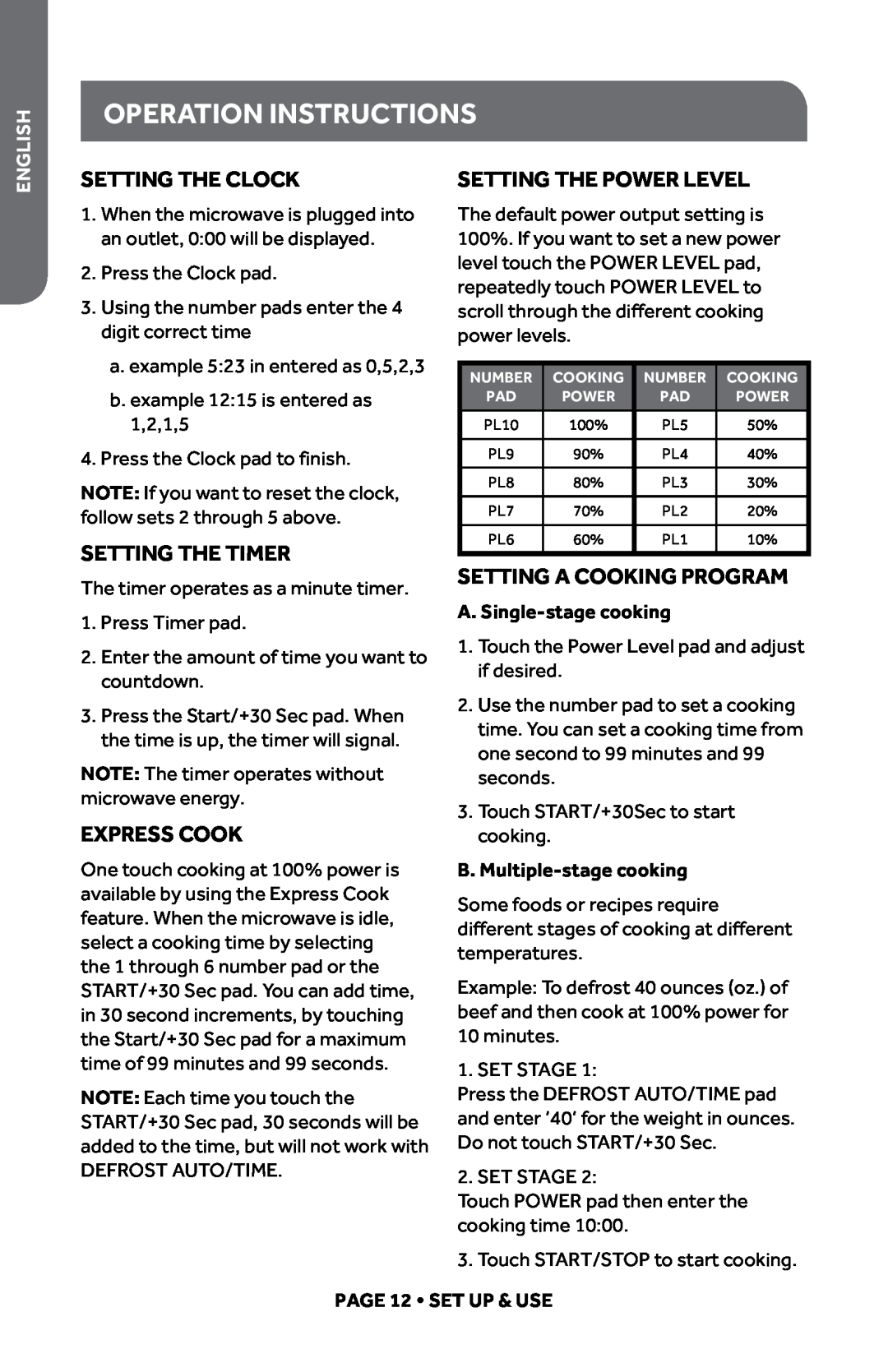 Haier HMC1085SESS Operation Instructions, Setting The Clock, Setting the Timer, Express Cook, Setting The Power Level 