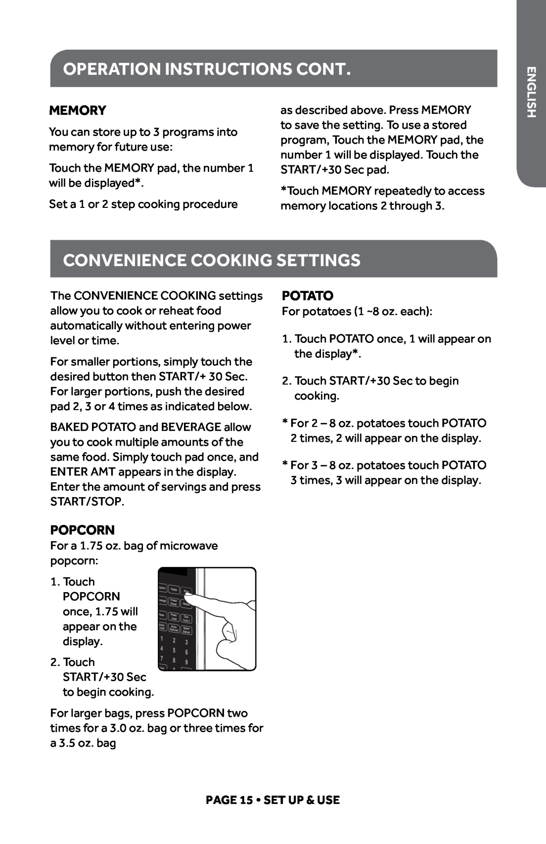 Haier HMC1085SESS user manual CONVENIENCE COOKING Settings, Operation Instructions Cont, Memory, Potato, Popcorn, shlig En 