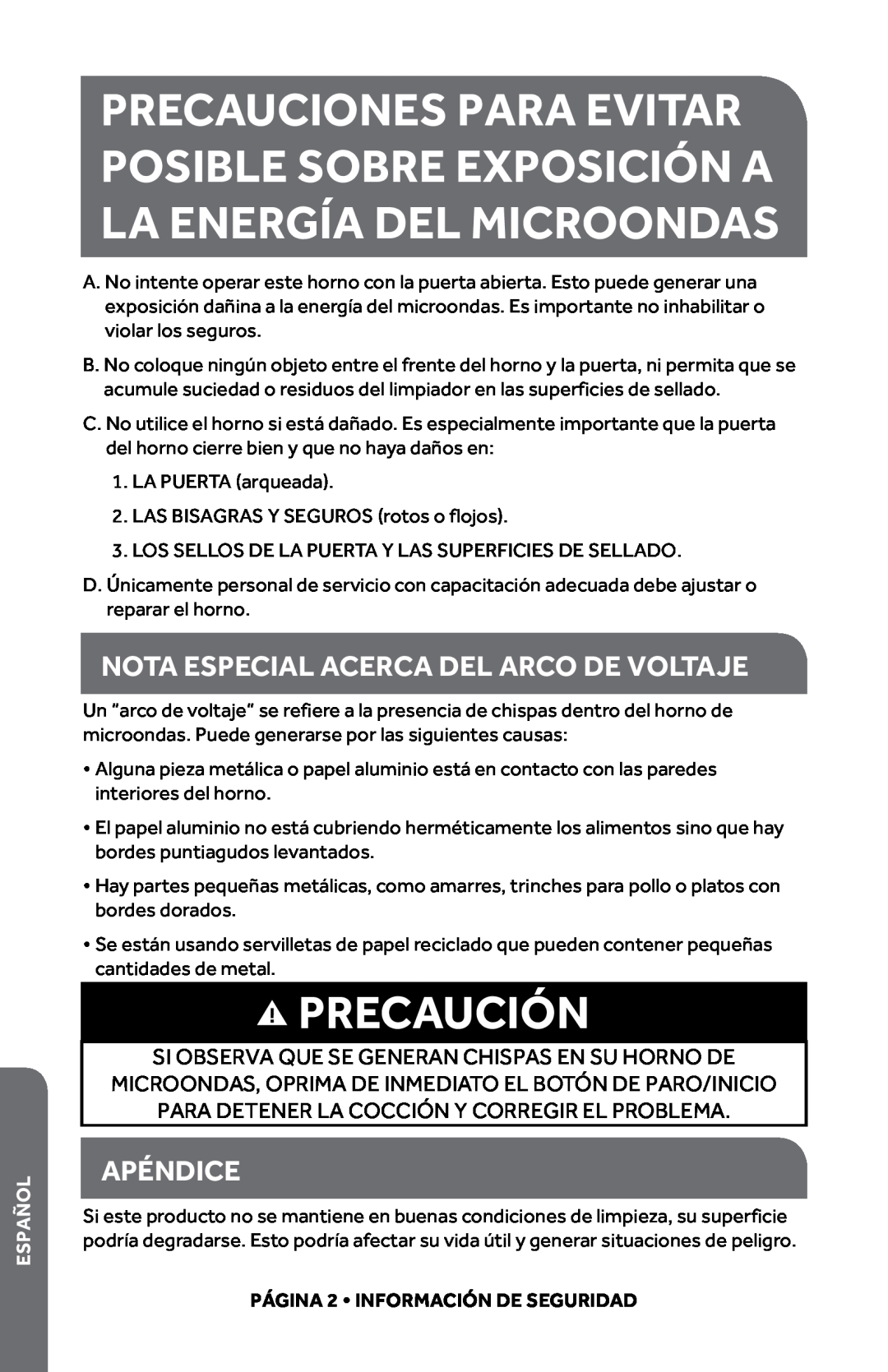 Haier HMC1085SESS user manual Precaución, Nota Especial Acerca Del Arco De Voltaje, Apéndice, Español 