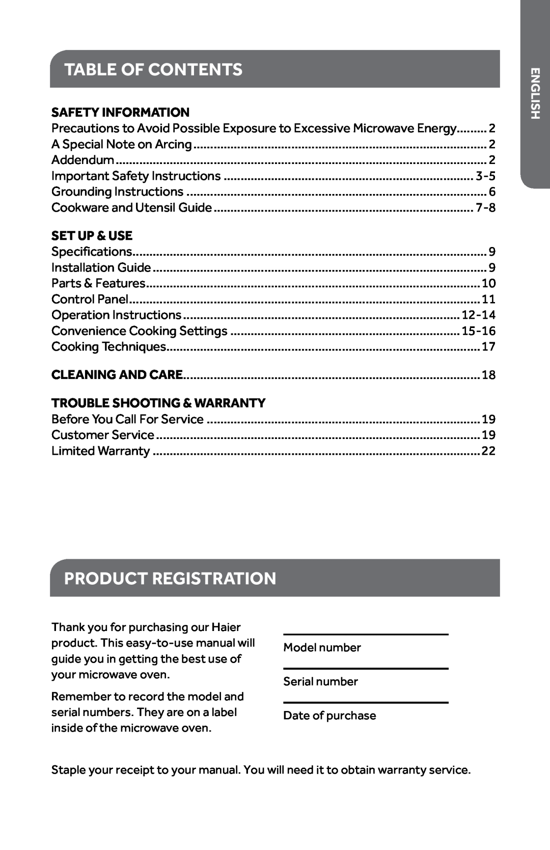 Haier HMC1085SESS table of contents, Product Registration, Safety Information, Set up & Use, 12-14, 15-16, shlig En 