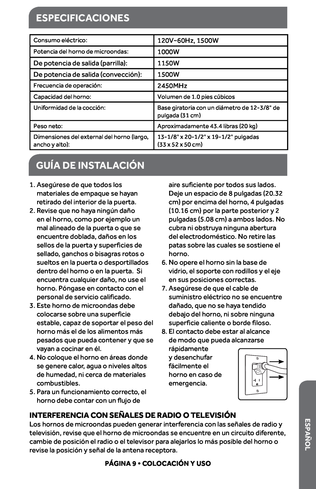 Haier HMC1085SESS user manual Especificaciones, Guía De Instalación, Interferencia Con Señales De Radio O Televisión, añEsp 