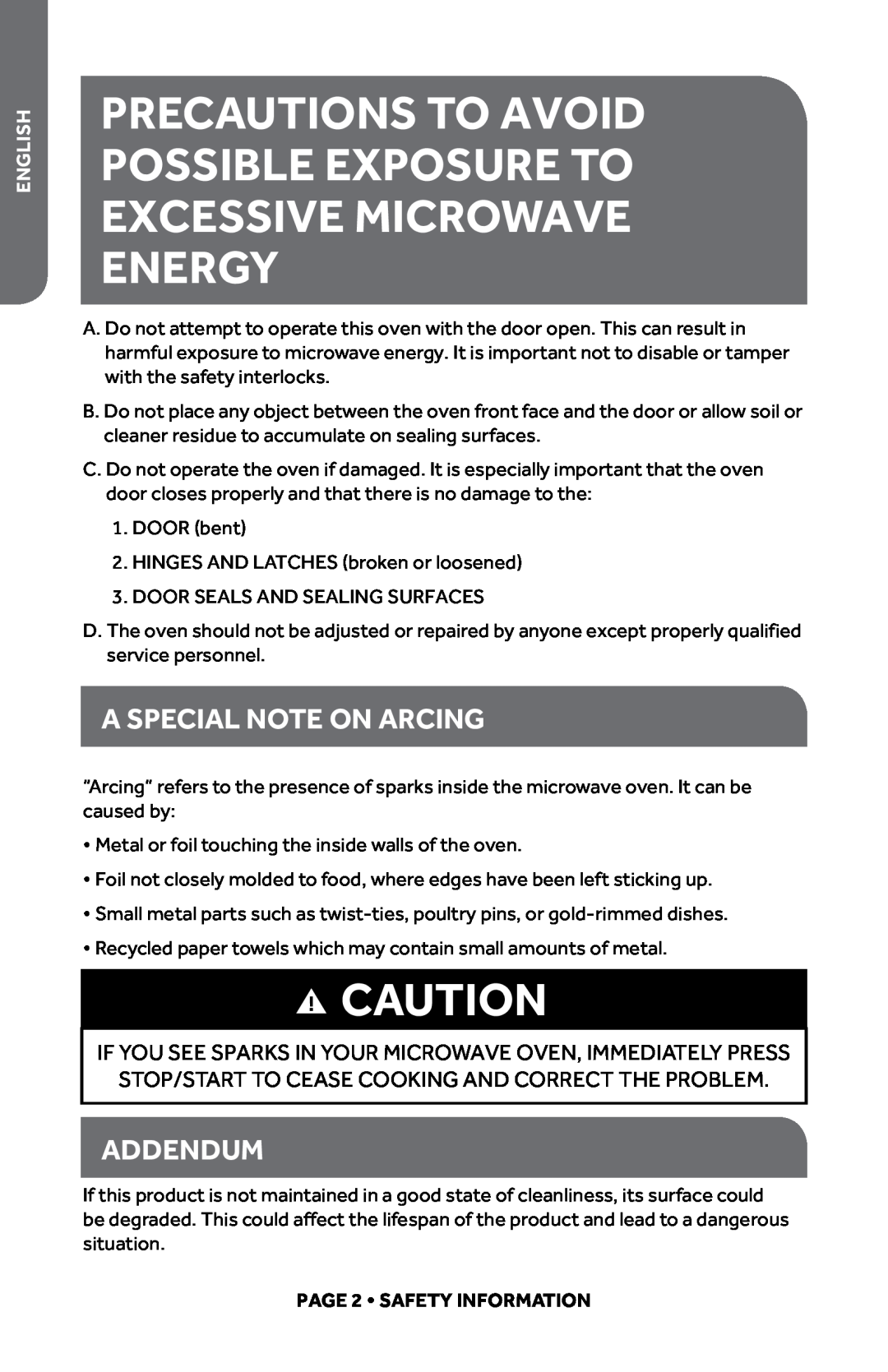 Haier HMC1085SESS A Special Note on Arcing, Addendum, Precautions To Avoid Possible Exposure To Excessive Microwave Energy 