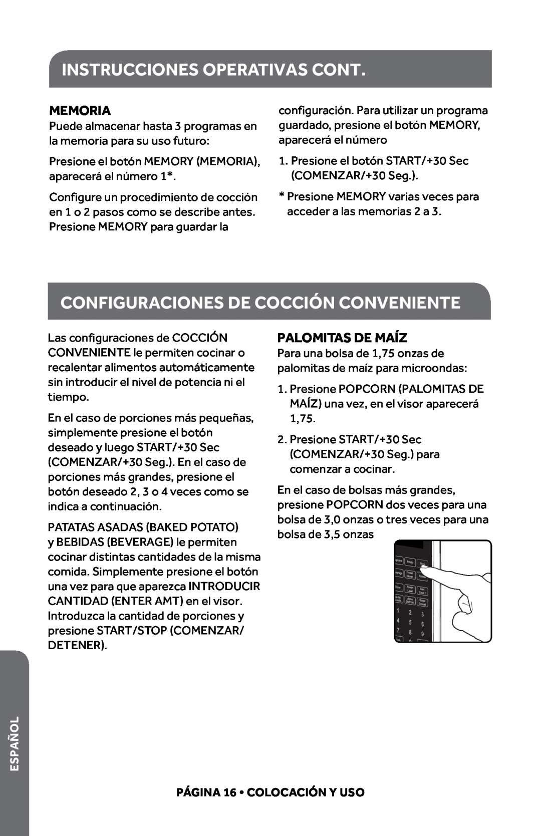 Haier HMC1085SESS Configuraciones de COCCIÓN CONVENIENTE, Instrucciones operativas Cont, Memoria, Palomitas De Maíz 