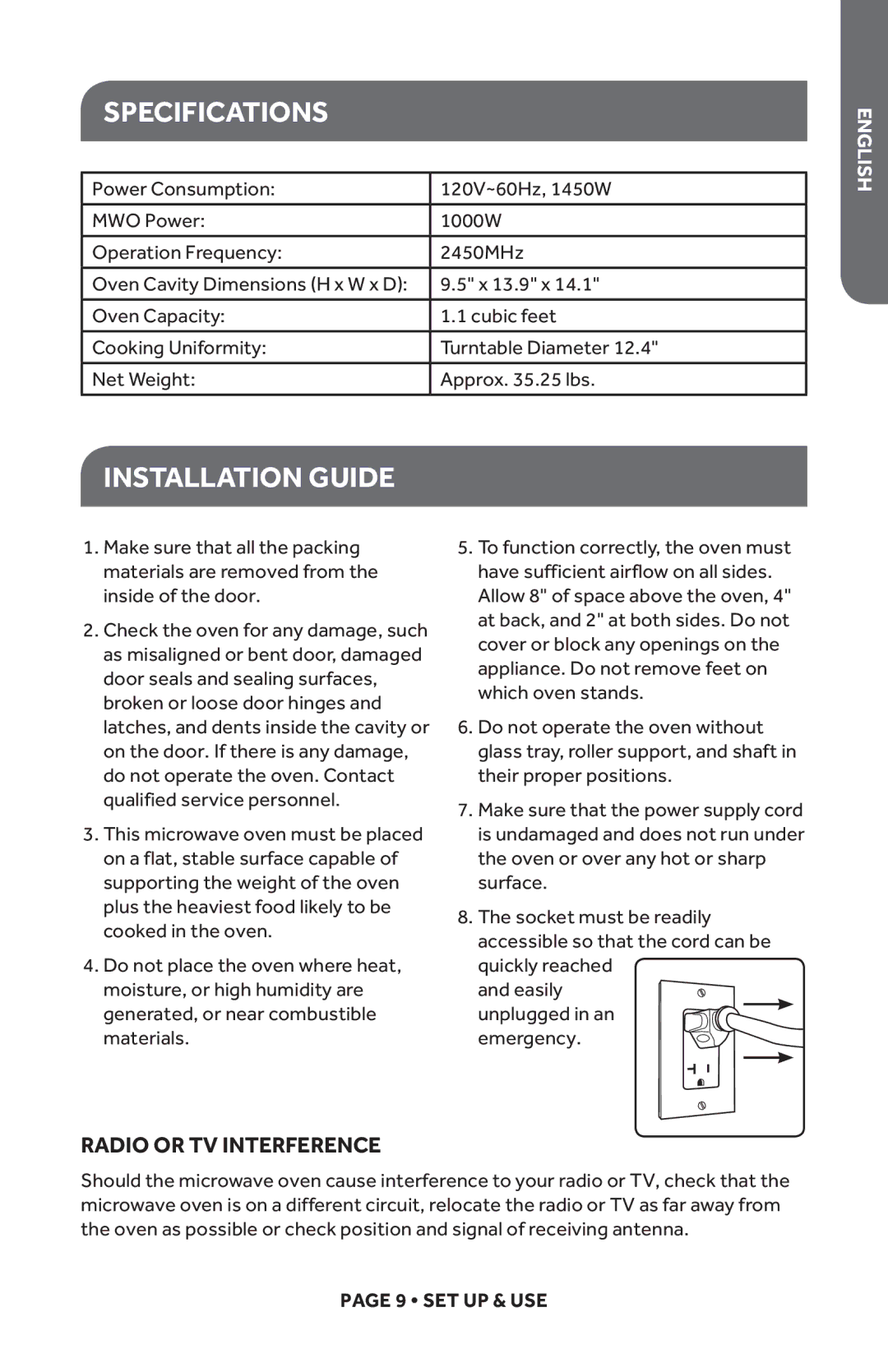 Haier HMC1120BEBB, HMC1120BEWW user manual Specifications, Installation Guide, Radio or TV Interference 