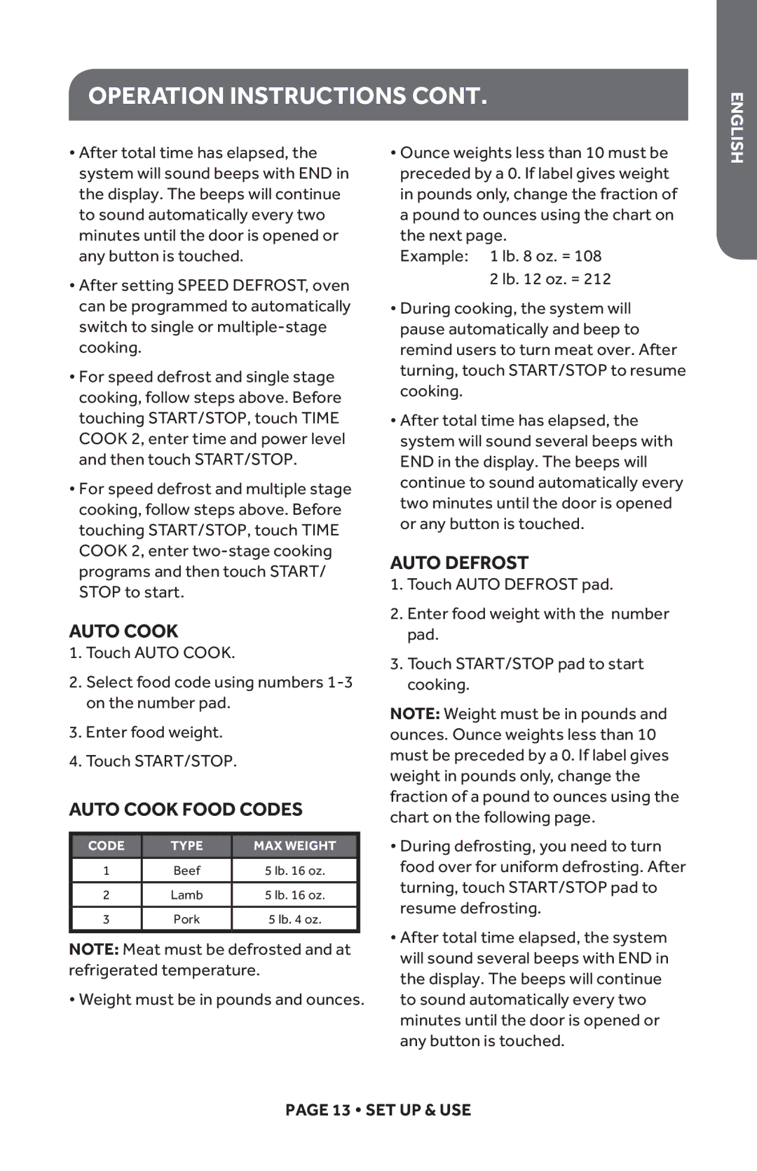 Haier HMC1120BEBB, HMC1120BEWW user manual Auto Cook Food Codes, Auto Defrost 