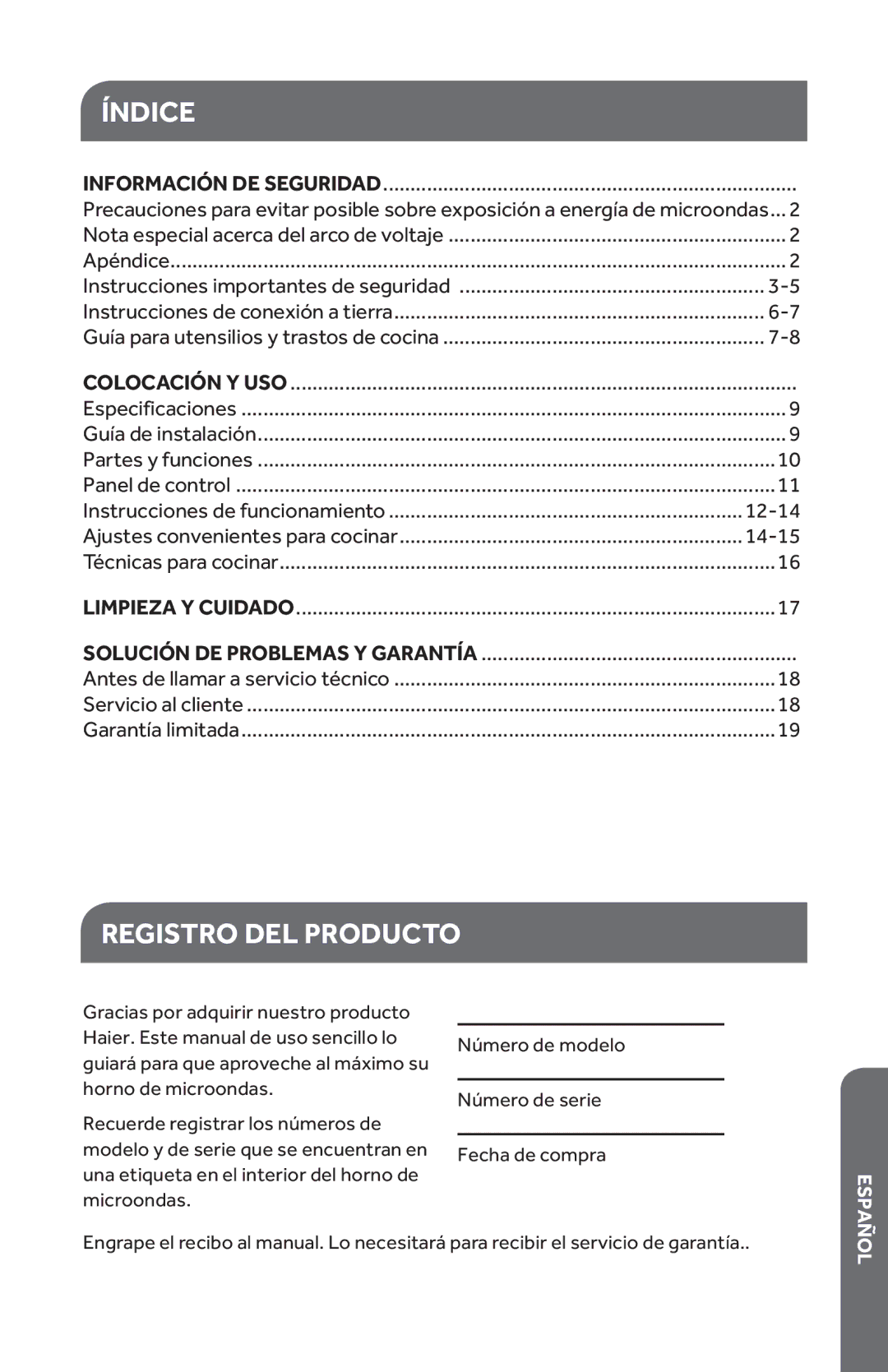 Haier HMC1120BEBB, HMC1120BEWW user manual Índice, Registro DEL Producto, Información DE Seguridad, Colocación Y USO 