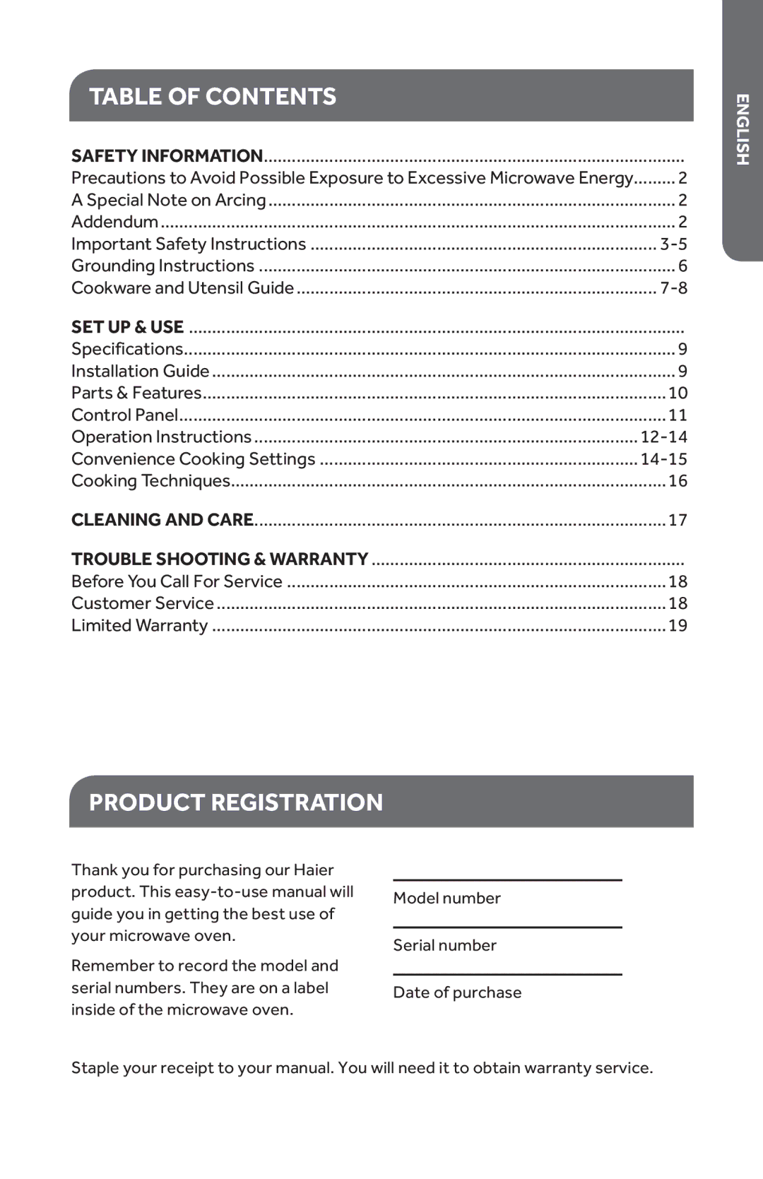 Haier HMC1120BEBB, HMC1120BEWW user manual Table of Contents, Product Registration 