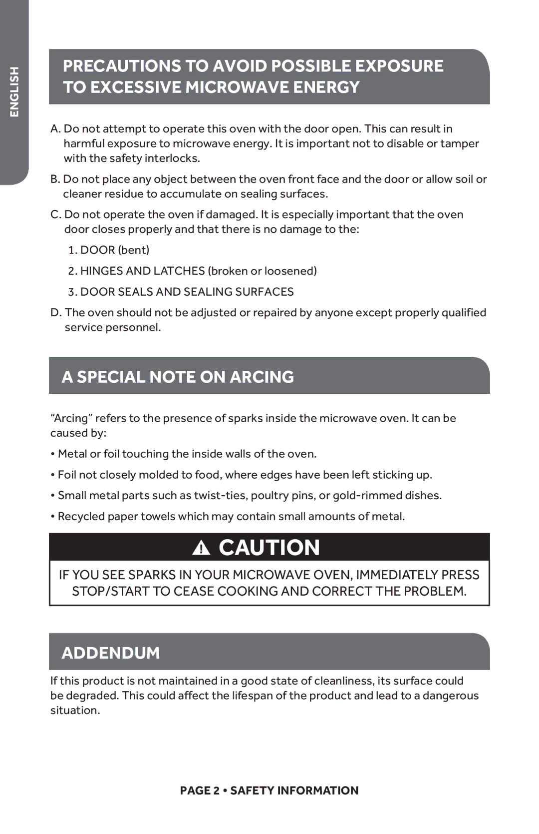 Haier HMC1120BEWW, HMC1120BEBB user manual Special Note on Arcing, Addendum, Door Seals and Sealing Surfaces 